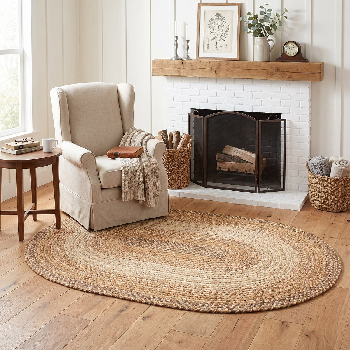 Ridgewood Taupe braided rug, 4x6 oval, in a fireplace reading corner #Size_4' x 6' Oval