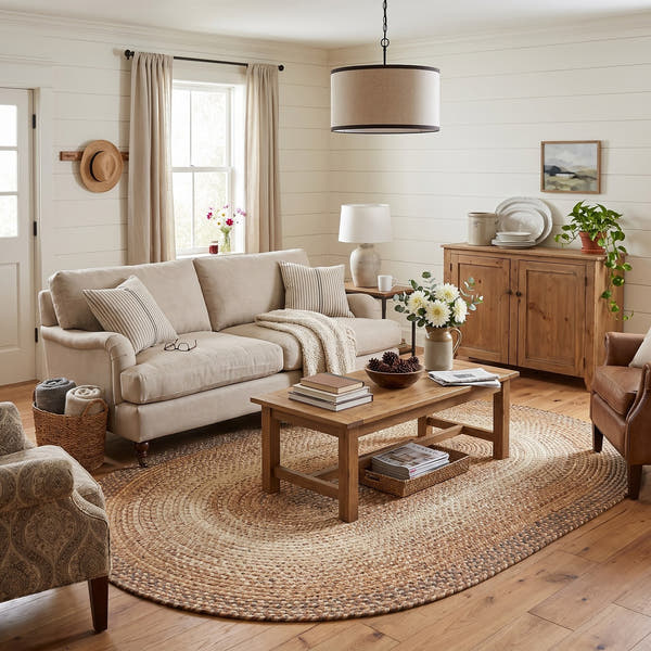 Ridgewood Taupe braided rug, 5x8 oval, in a farmhouse living room #Size_5' x 8' Oval