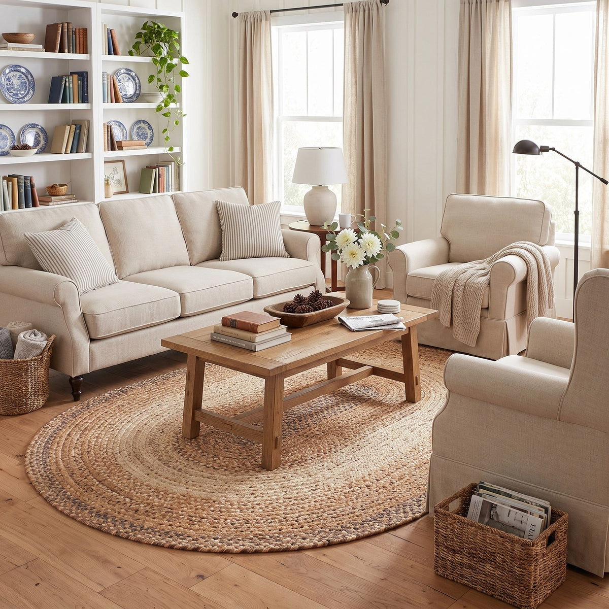 Ridgewood Taupe braided rug, 7x9 oval, in a farmhouse living room #Size_7' x 9' Oval