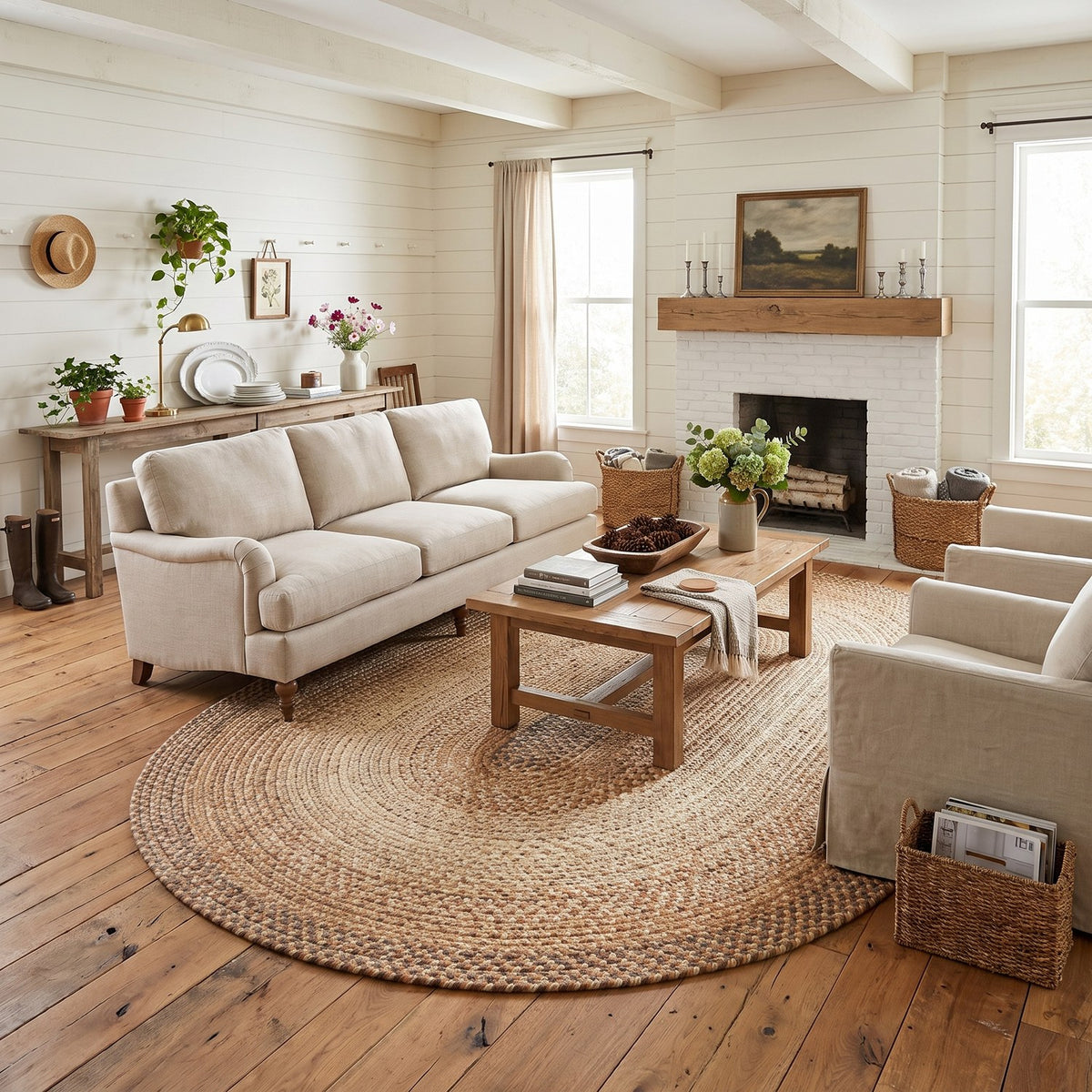 Ridgewood Taupe braided rug, 8x11 oval, in a large farmhouse living room #Size_8' x 11' Oval