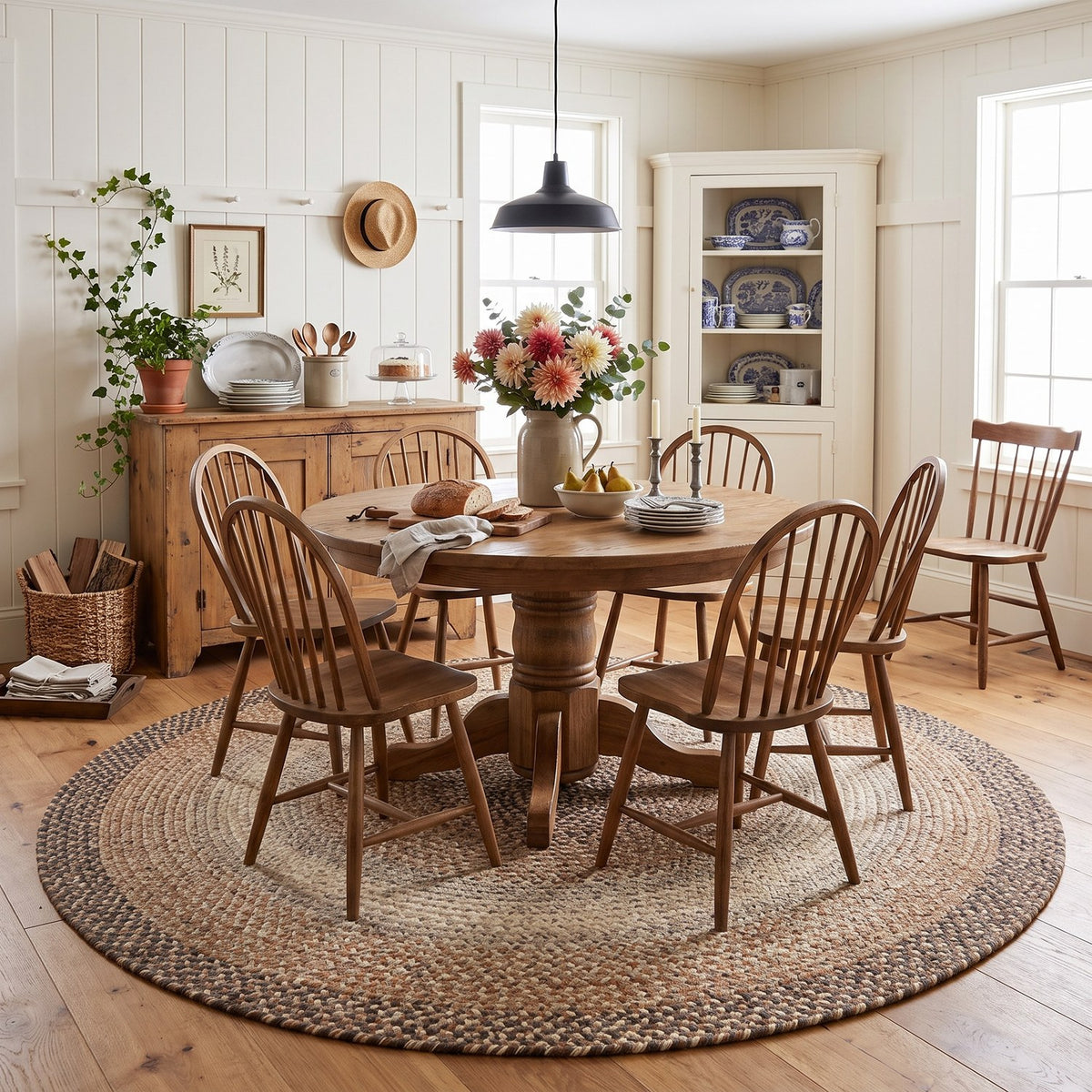 Ridgewood Taupe braided rug, 8 foot round, under a round dining table #Size_8' Round