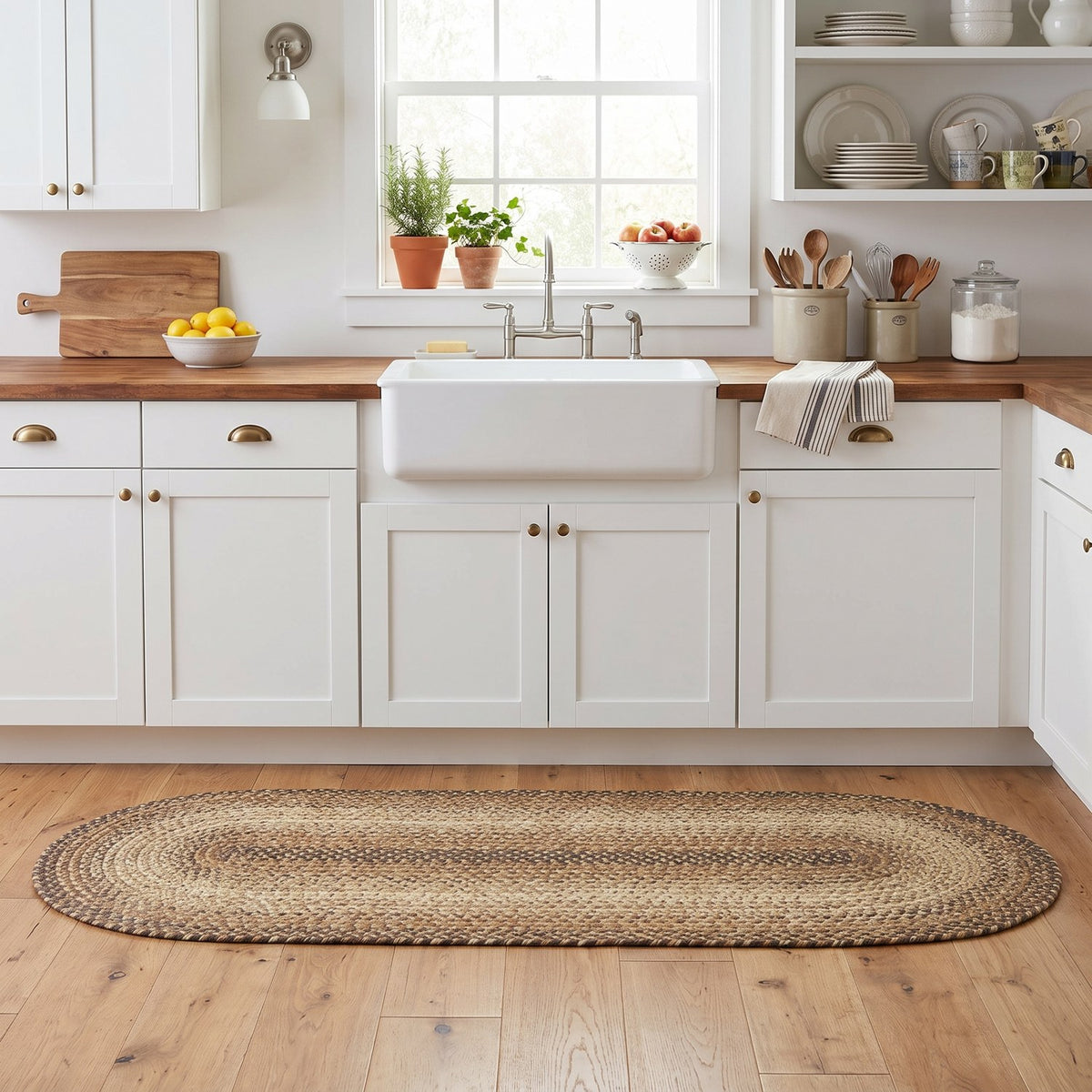 Ridgewood Taupe braided runner, 2x4, at a farmhouse kitchen sink #Size_2' x 4' Runner