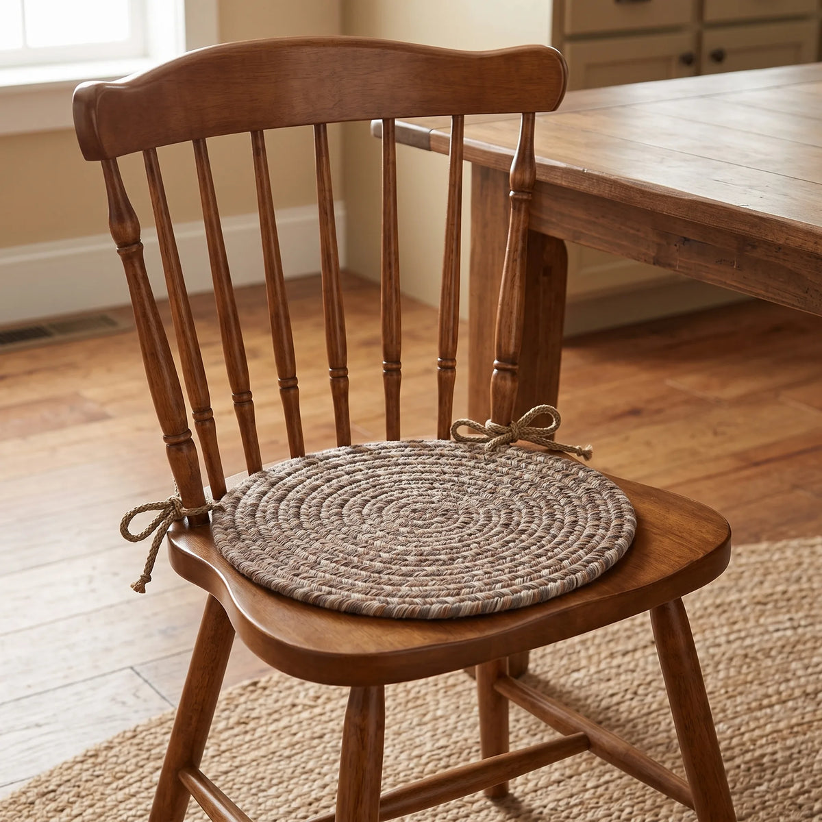 Ridgewood Braided Chair Pad - Taupetone - tied on a classic wooden dining chair