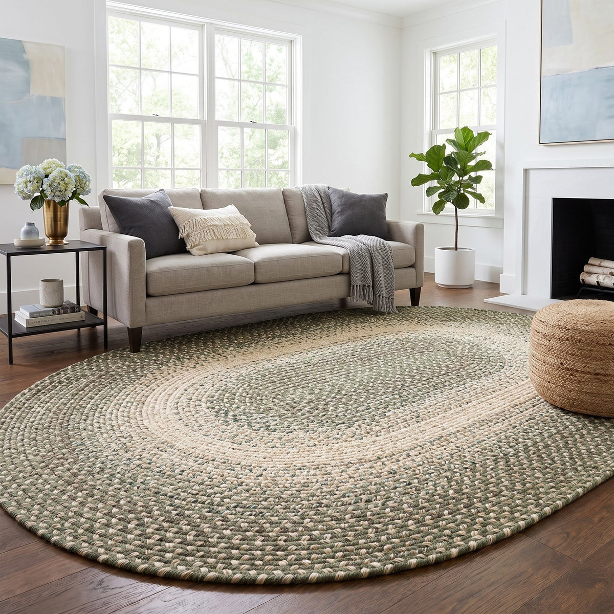 Ridgewood Forest Green braided rug, 5x8 oval, in a living room #Shape_Oval