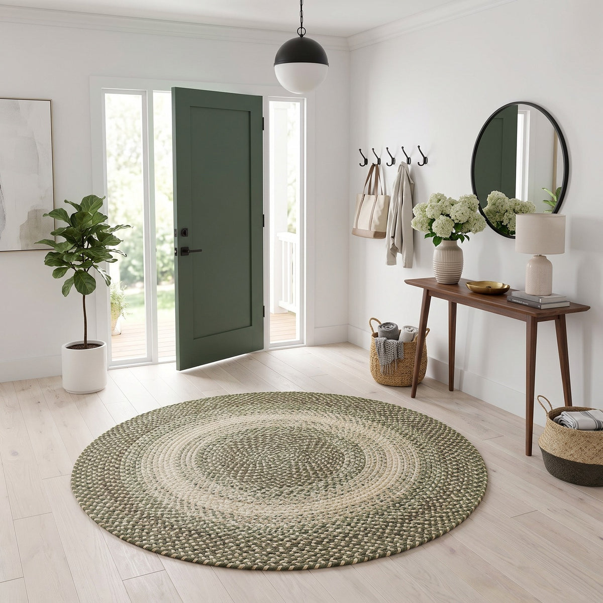 Ridgewood Forest Green braided rug, 4 ft round, in an entry hall #Size_4' Round