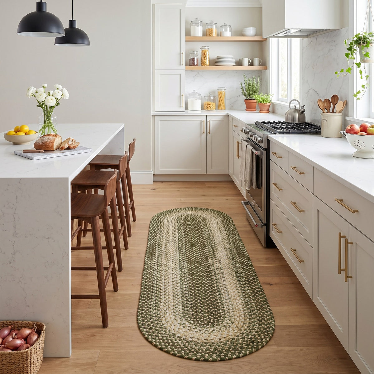 Ridgewood Forest Green braided rug, 2x6 runner, in a kitchen #Size_2' x 6' Runner