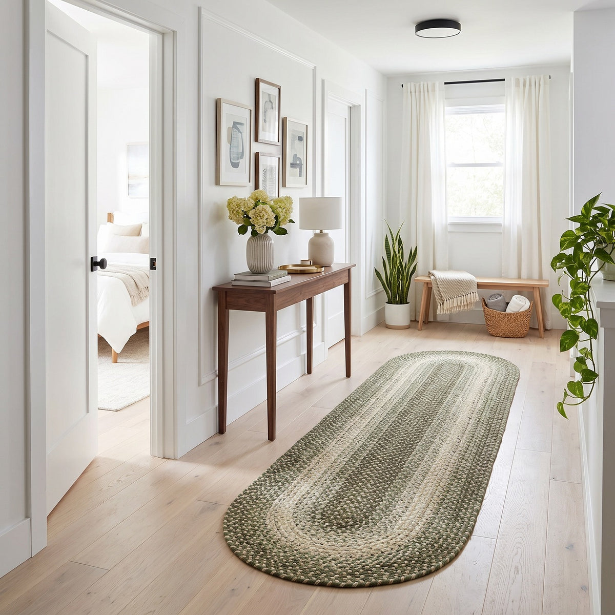 Ridgewood Forest Green braided rug, 2x8 runner, in a hallway #Size_2' x 8' Runner