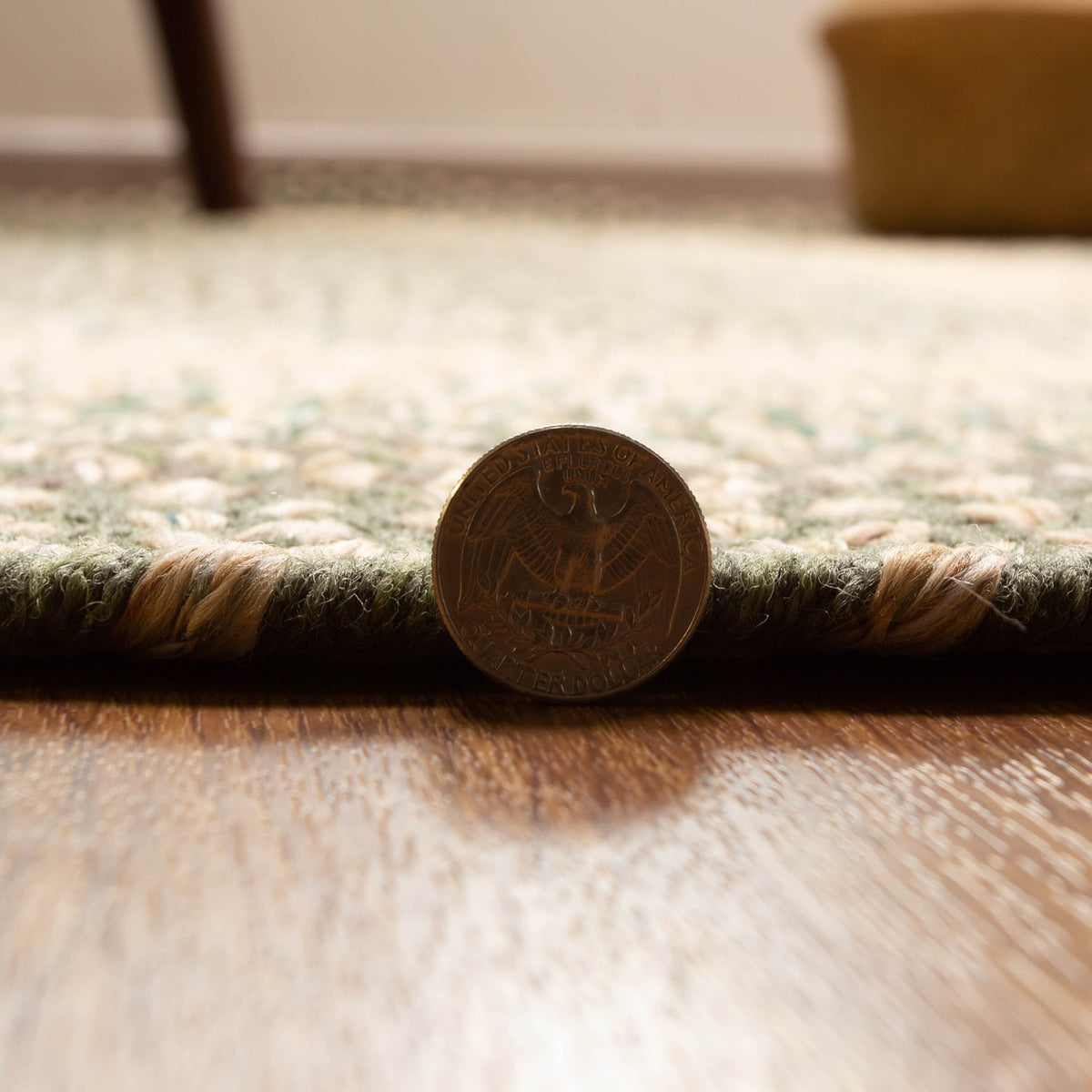 Ridgewood Forest Green braided rug - edge thickness shown beside a US quarter
