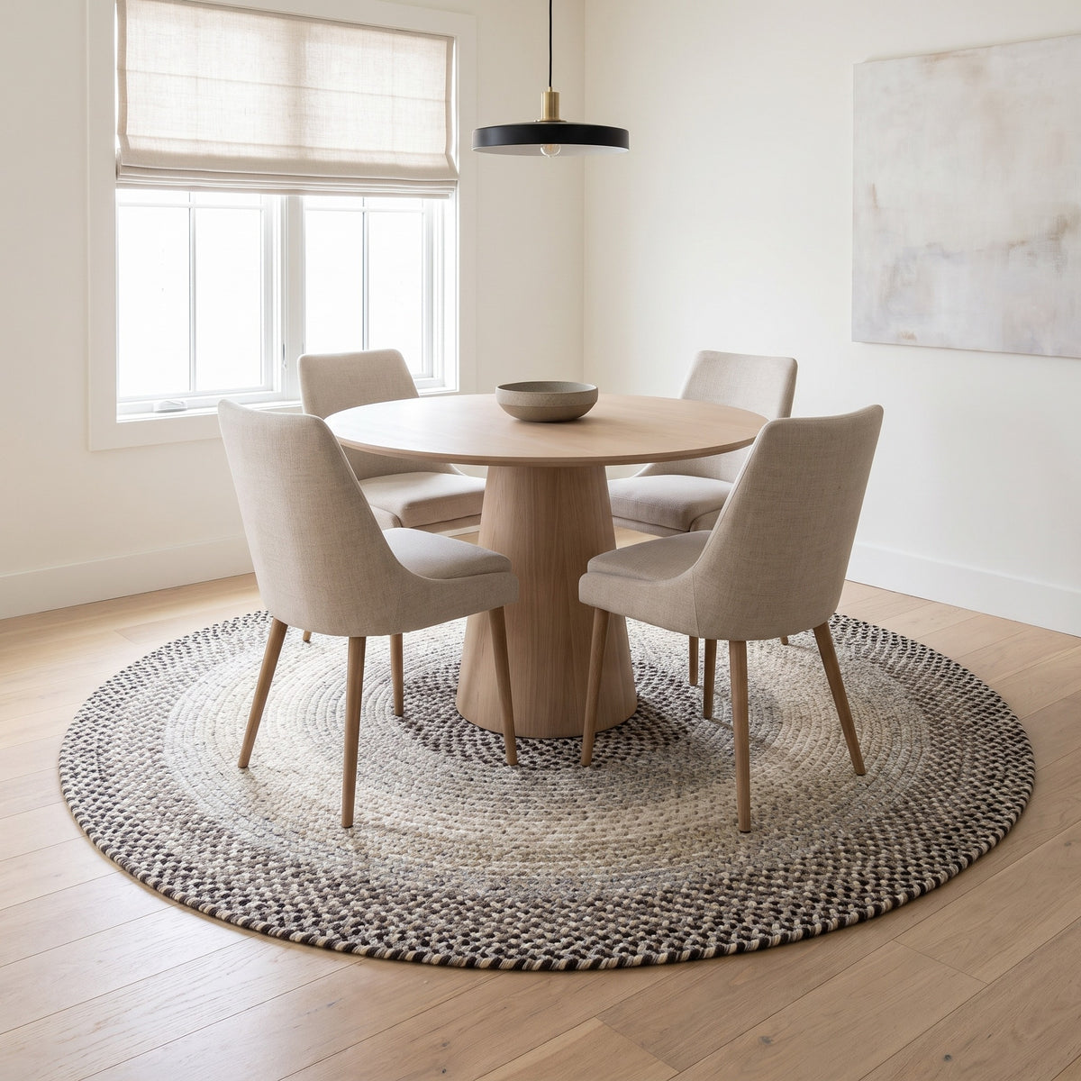 Ridgewood gray braided wool rug, 6 foot round under a pedestal breakfast table #Size_6' Round