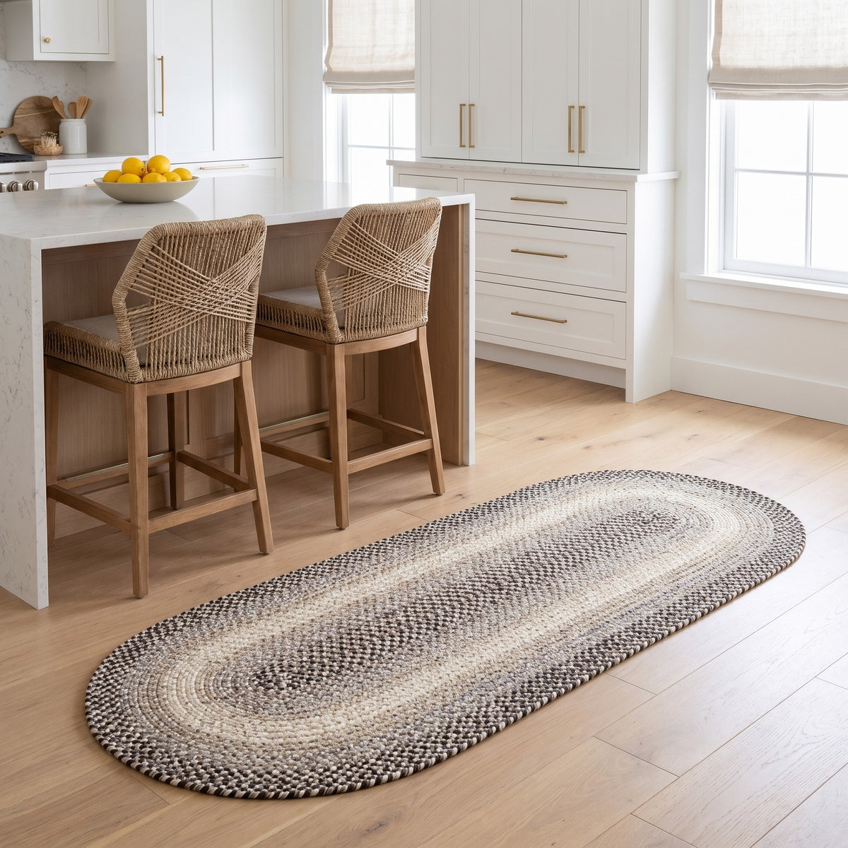 Ridgewood gray braided wool oval runner, 2x6 along a kitchen island #Size_2' x 6' Runner