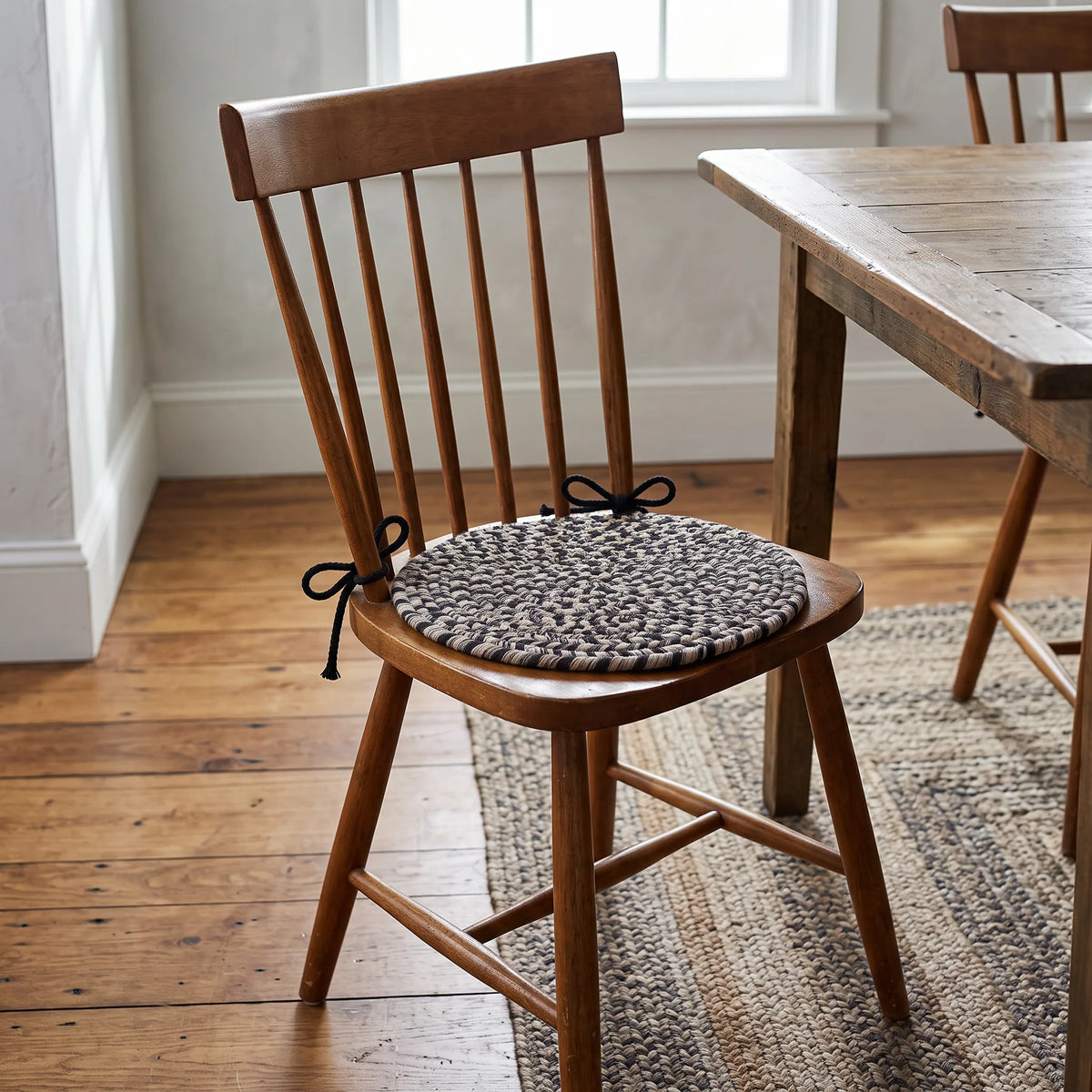 Ridgewood Braided Chair Pad - Graphite Gray - tied on a classic wooden dining chair