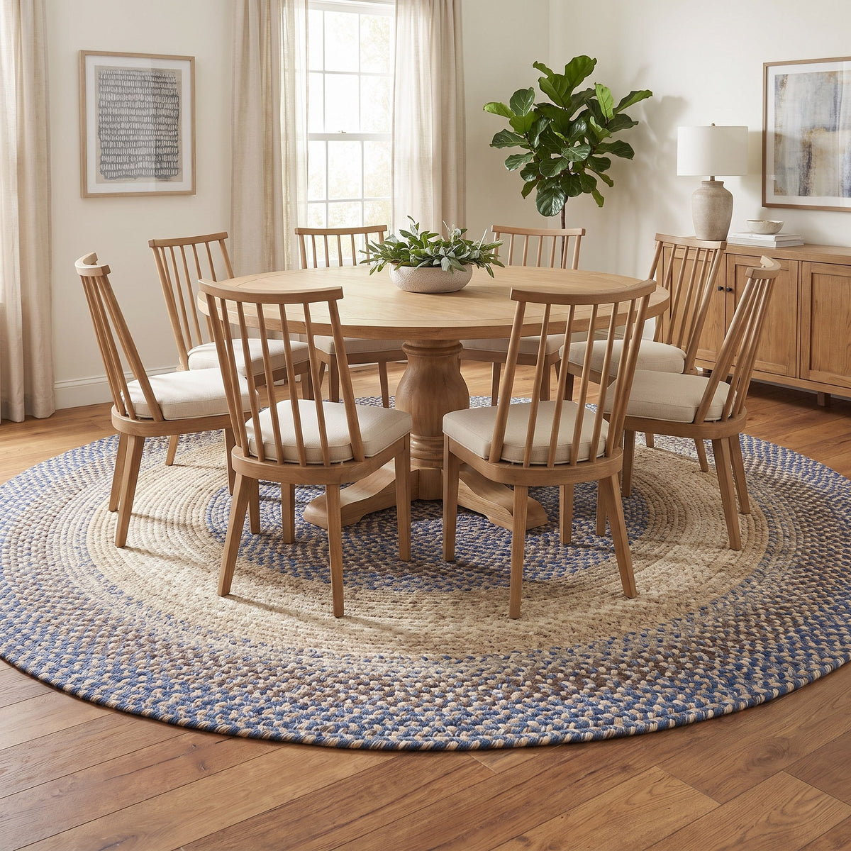 Ridgewood Blue braided rug, 10 foot round, under a dining table for eight #Size_10' Round