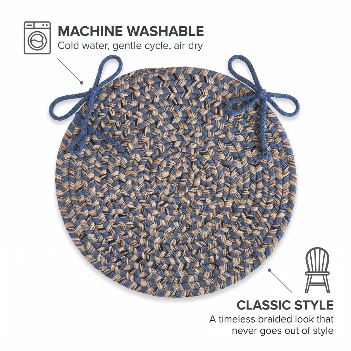 Ridgewood Braided Chair Pad - Blue - machine washable, classic style