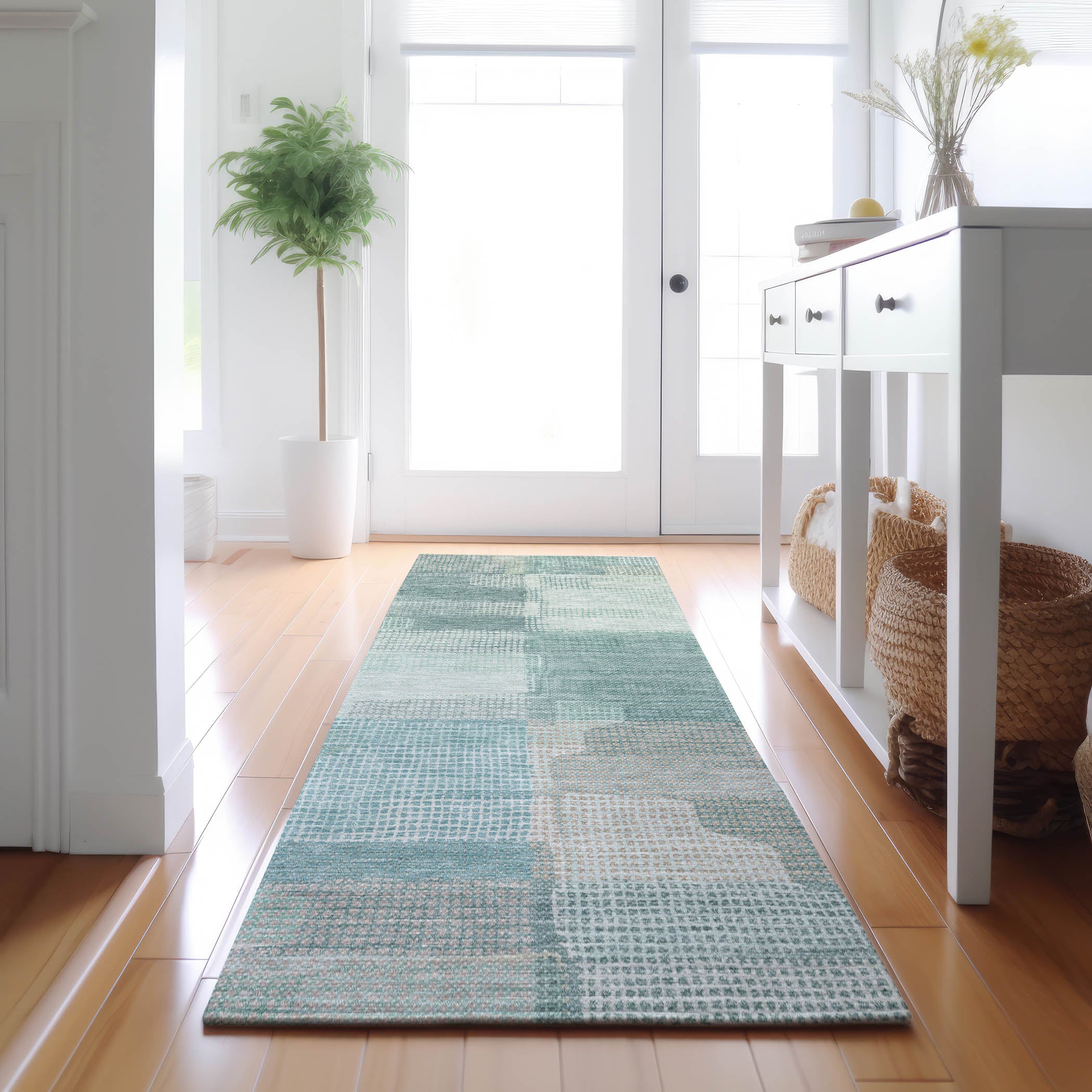 Luxury Washable Indoor/Outdoor Transitional RN10 Teal Rug 2'3" x 7'6" #shape_Runner