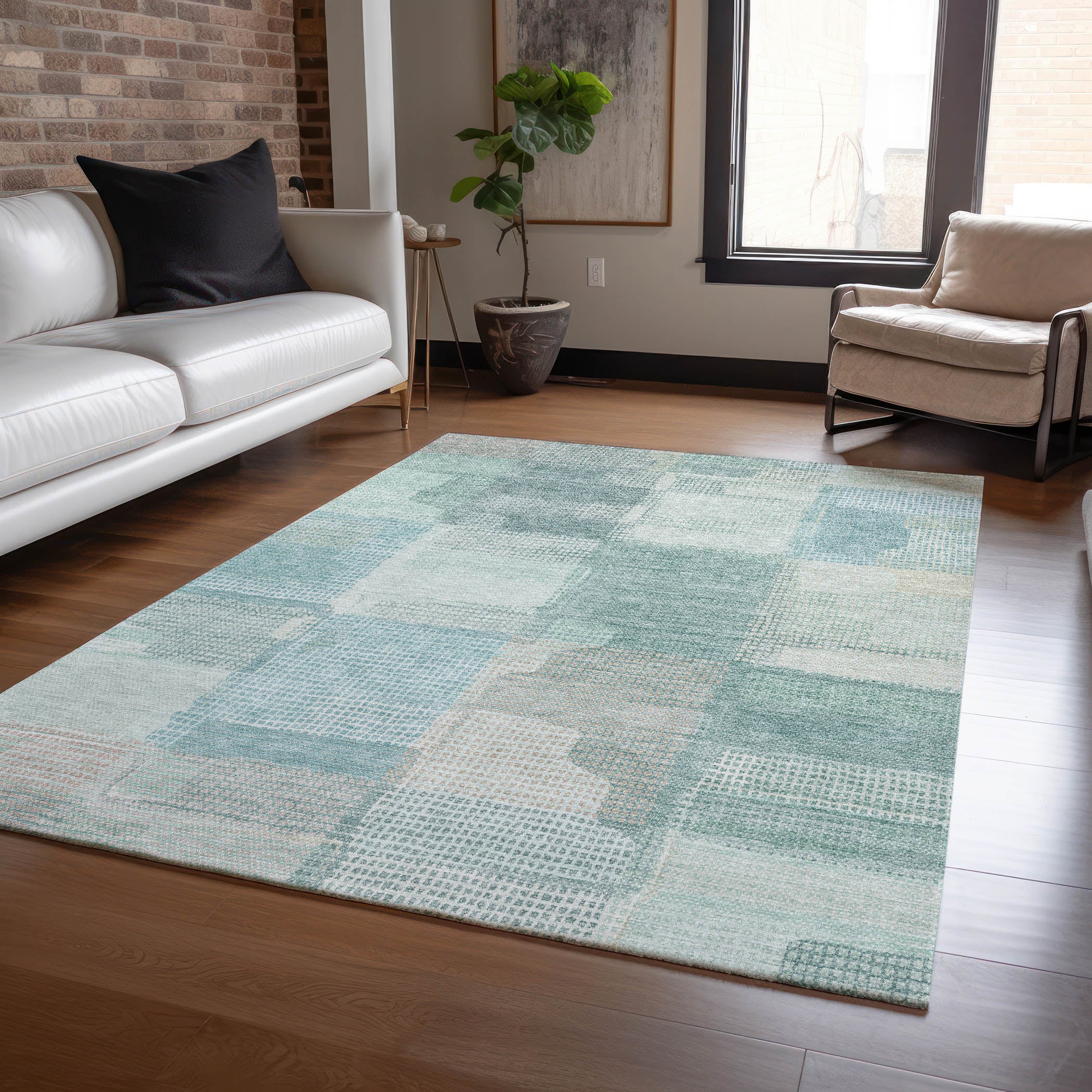 Luxury Washable Indoor/Outdoor Transitional RN10 Teal Rug 2'6" x 3'10" #shape_Rectangle