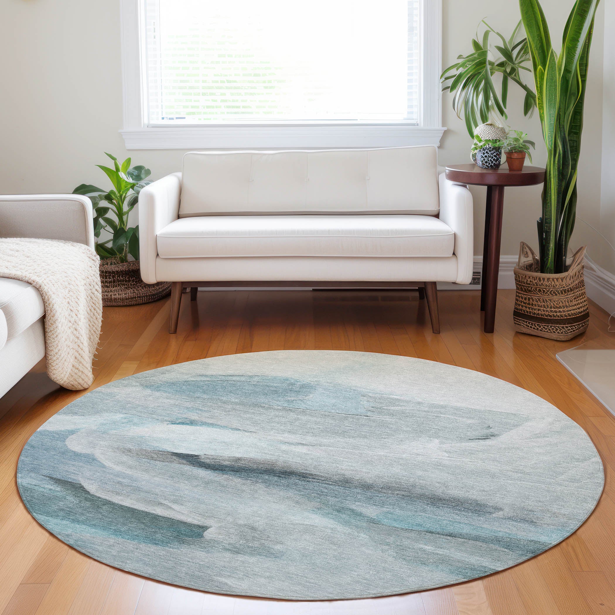 Luxury Washable Indoor/Outdoor Transitional RN11 Teal Rug 8' x 8' #shape_Round
