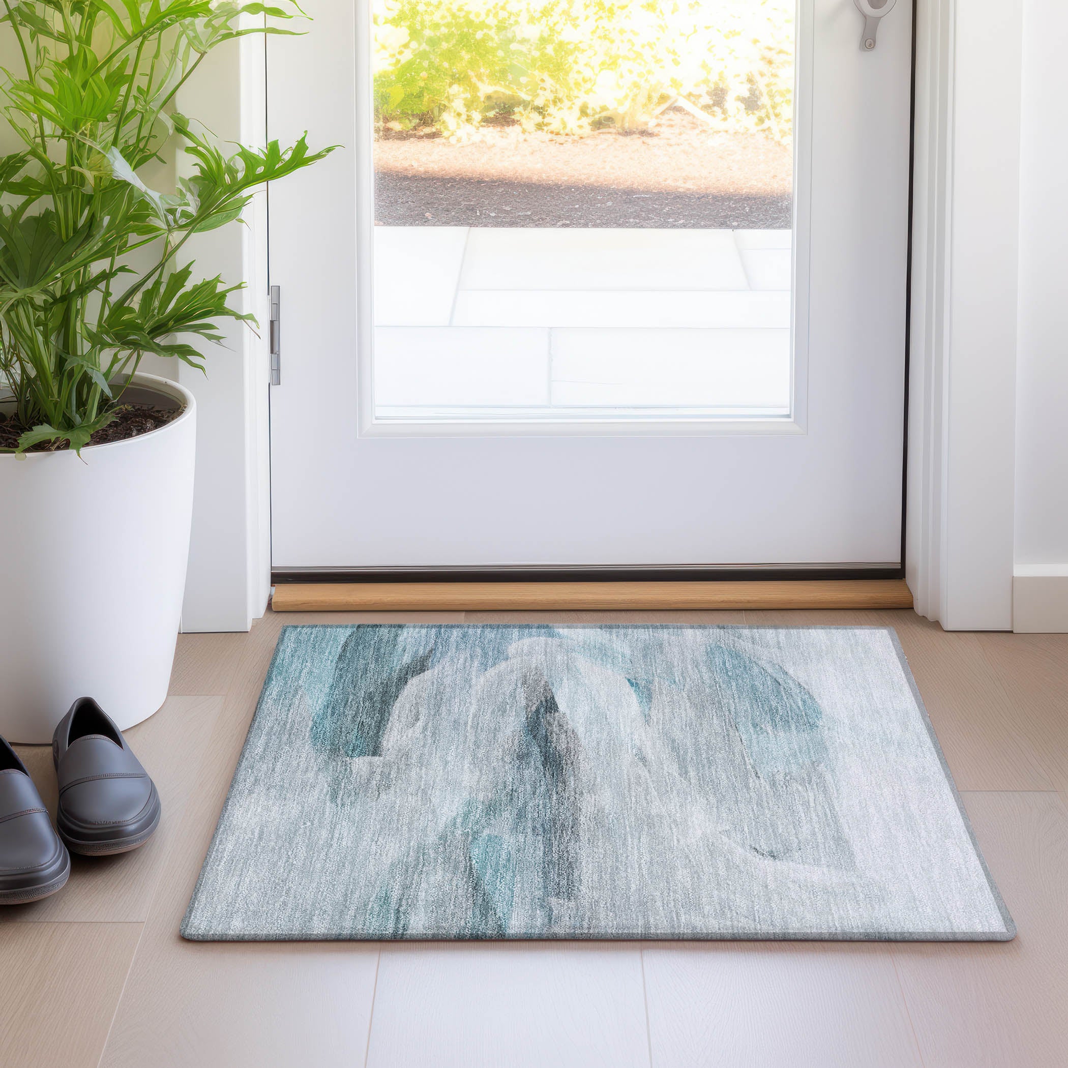 Luxury Washable Indoor/Outdoor Transitional RN11 Teal Rug 1'8" x 2'6" #shape_Rectangle