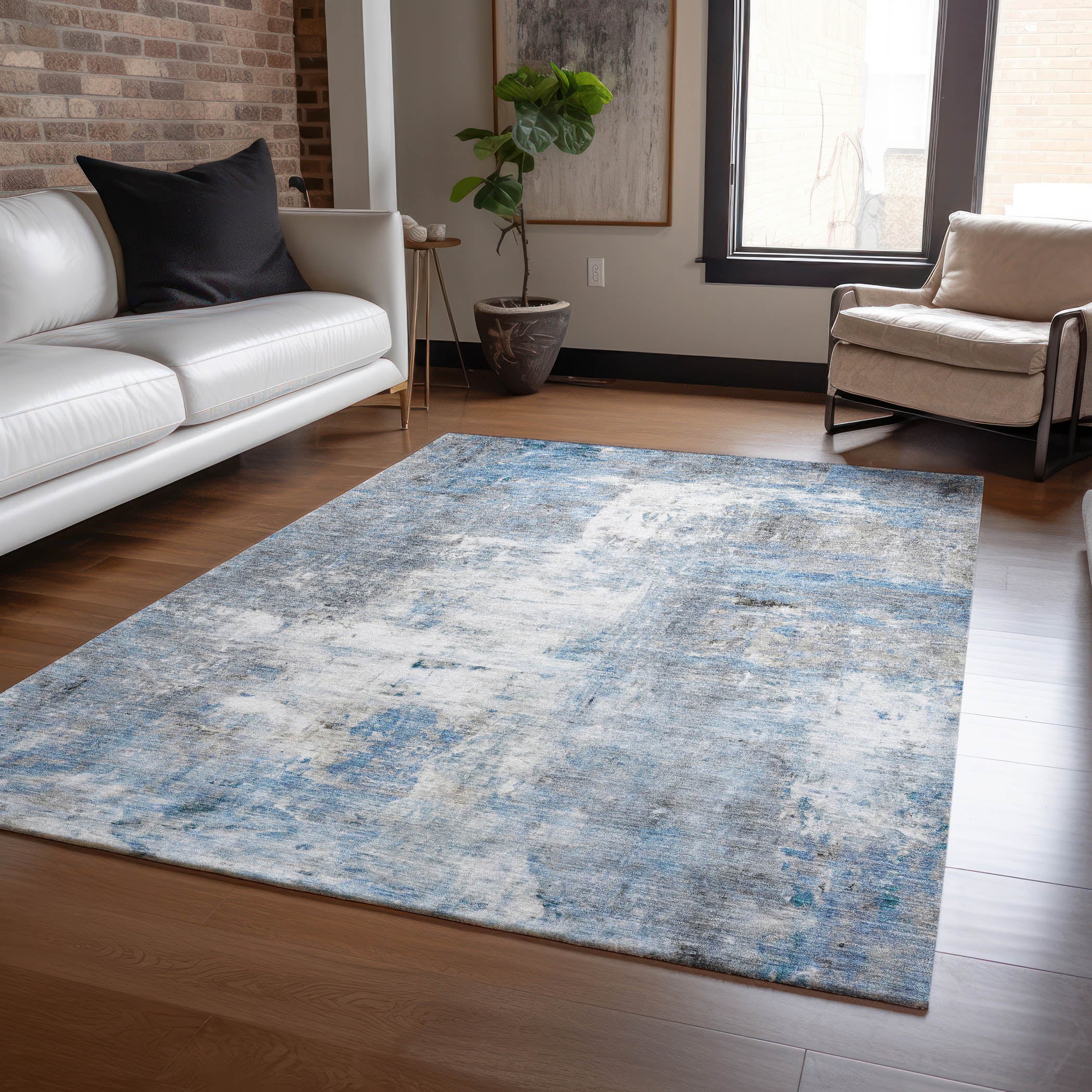 Luxury Washable Indoor/Outdoor Transitional RN1 Blue Rug 2'6" x 3'10" #shape_Rectangle