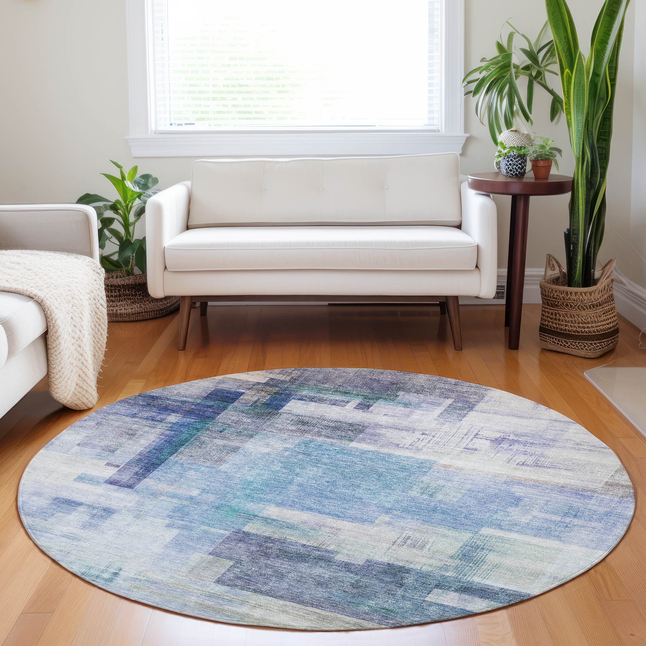 Luxury Washable Indoor/Outdoor Transitional RN6 Blue Rug 8' x 8' #shape_Round