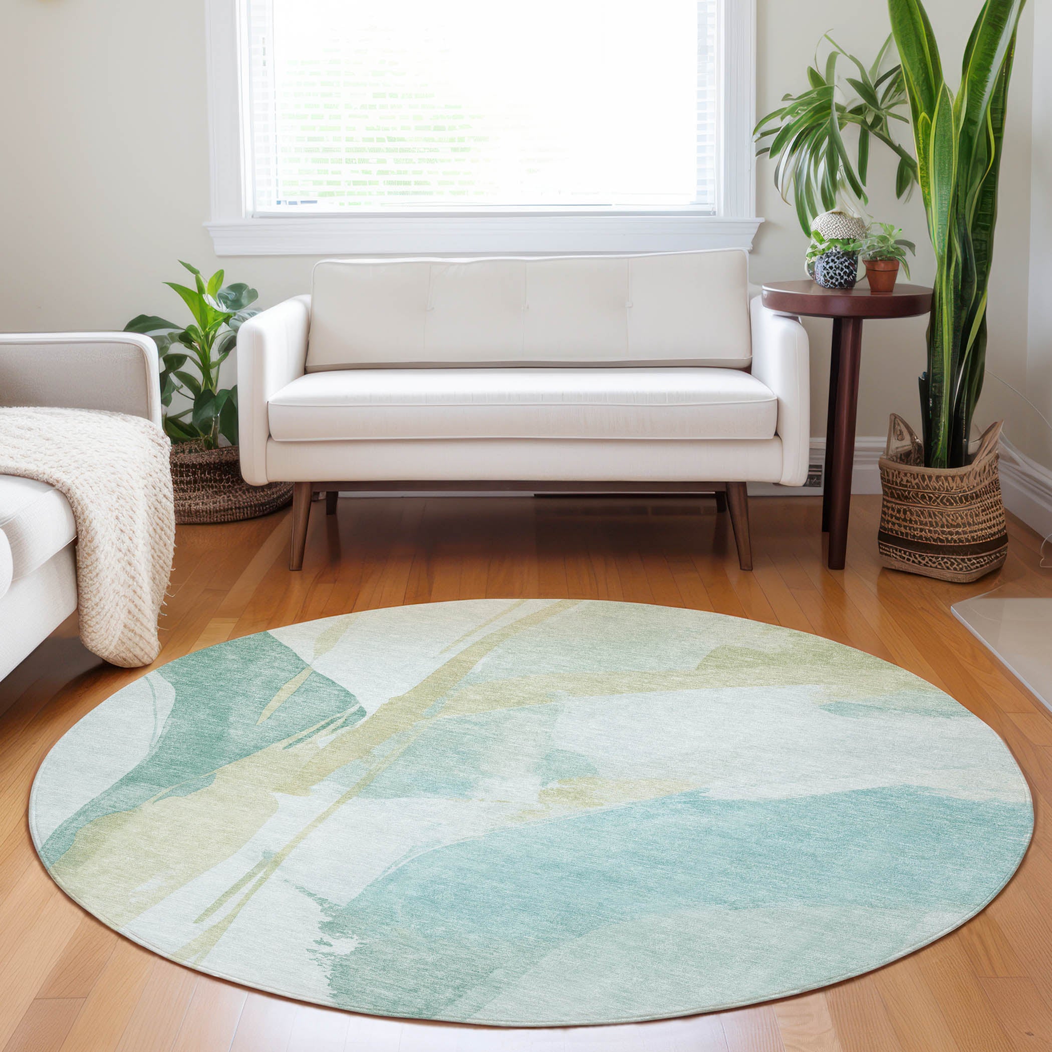 Luxury Washable Indoor/Outdoor Transitional RN7 Teal Rug 8' x 8' #shape_Round