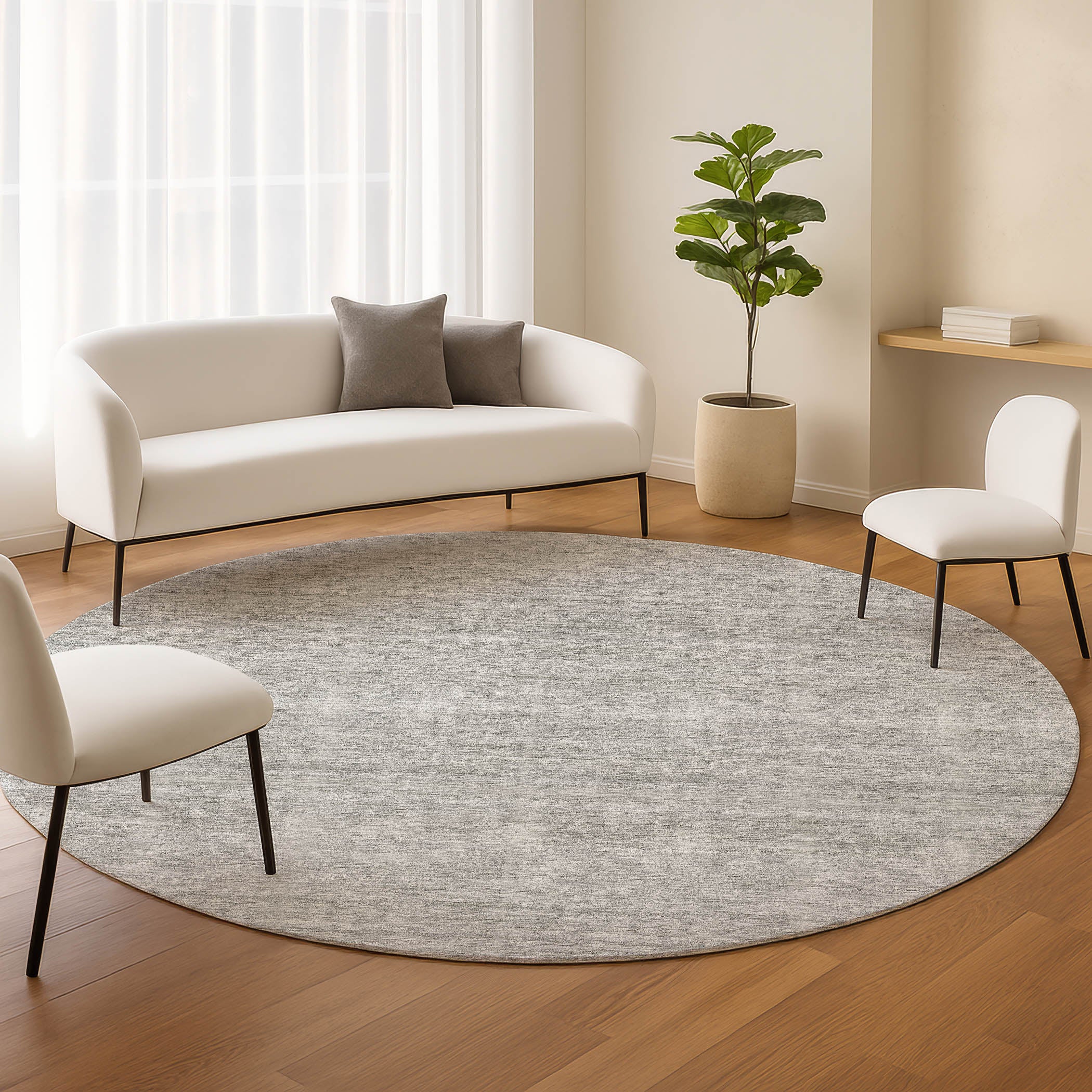 Luxury Washable Indoor/Outdoor Transitional SE1 Silver Gray Rug 8' x 8' #shape_Round