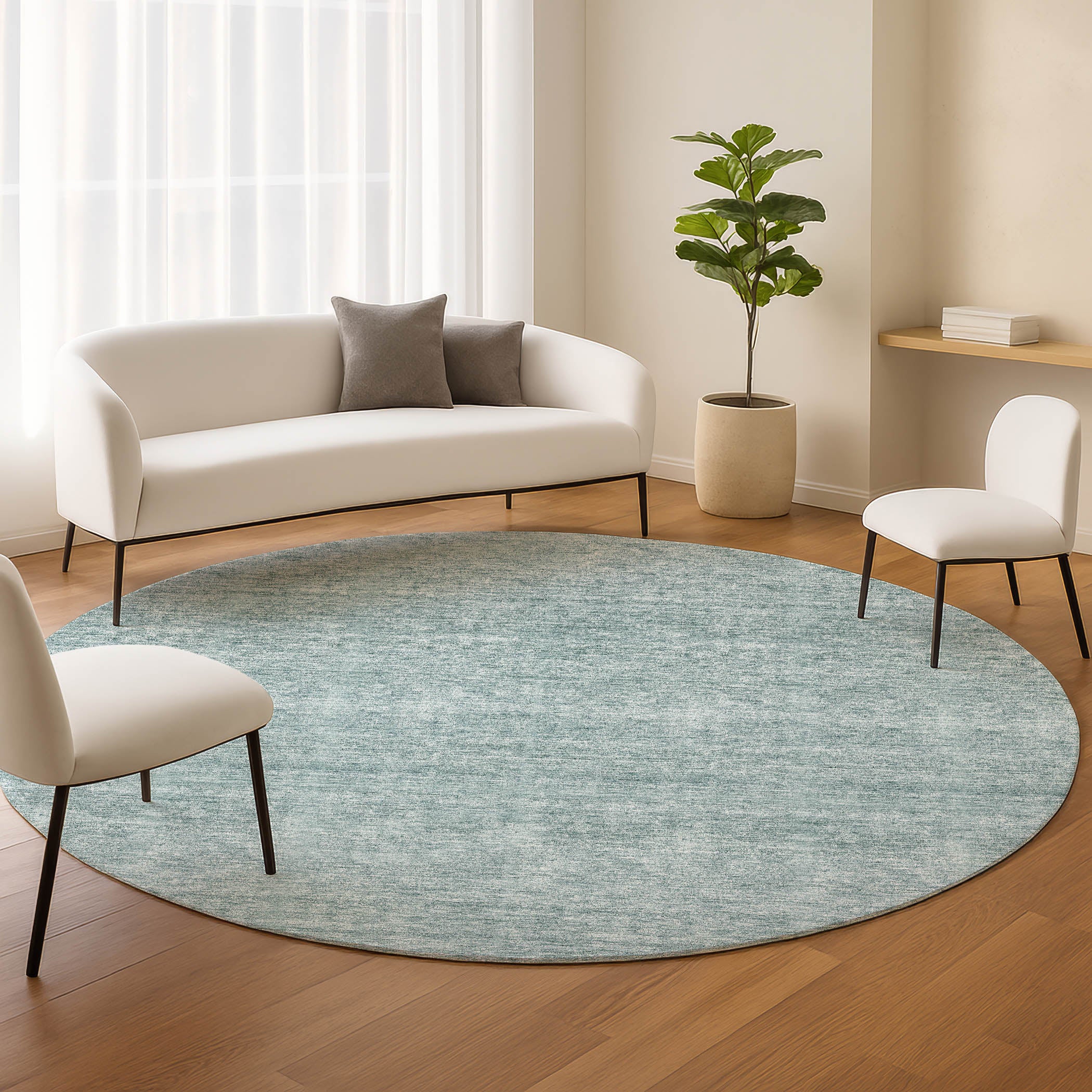 Luxury Washable Indoor/Outdoor Transitional SE1 Sky Blue Rug 8' x 8' #shape_Round