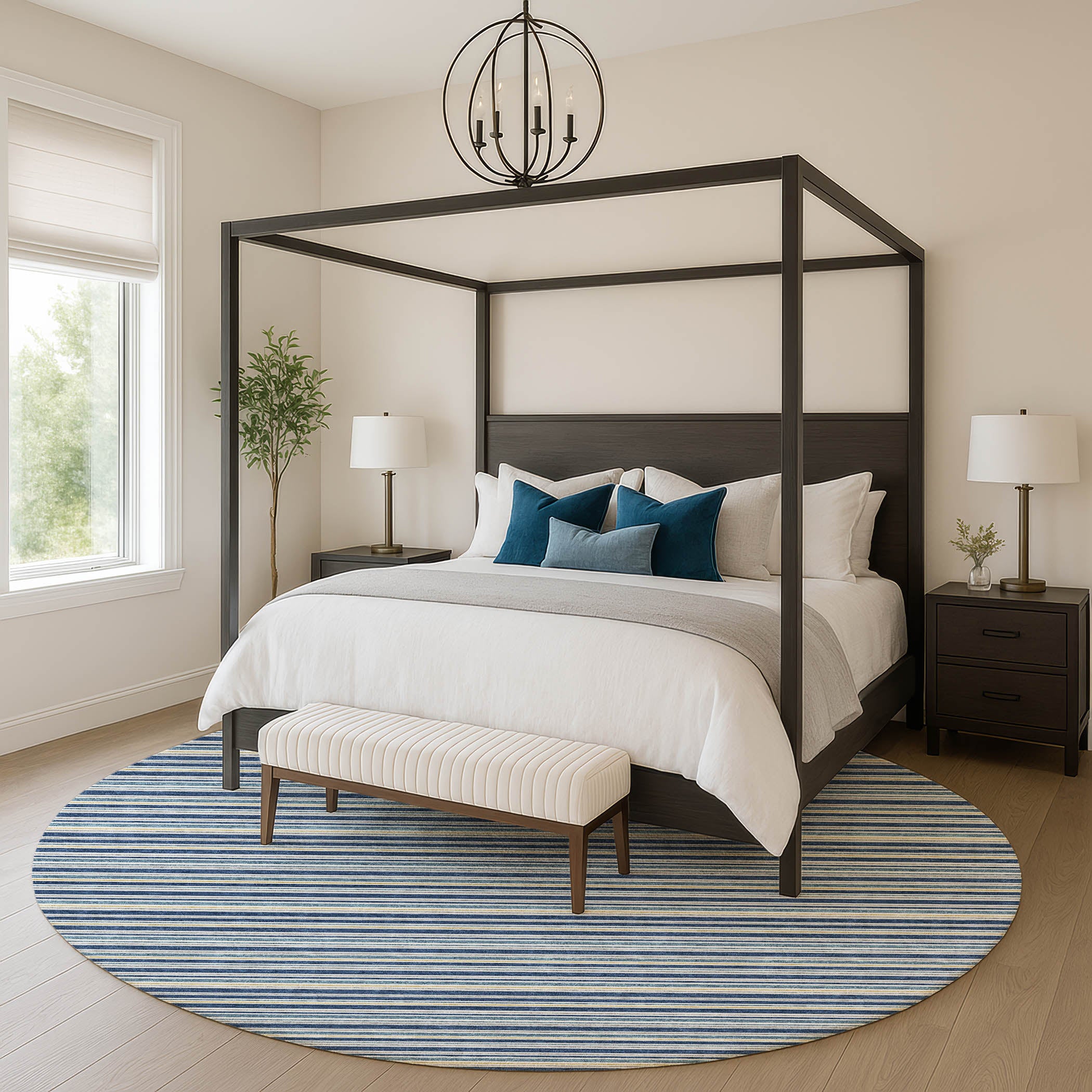 Luxury Washable Indoor/Outdoor Transitional SE2 Navy Blue Rug 8' x 8' #shape_Round