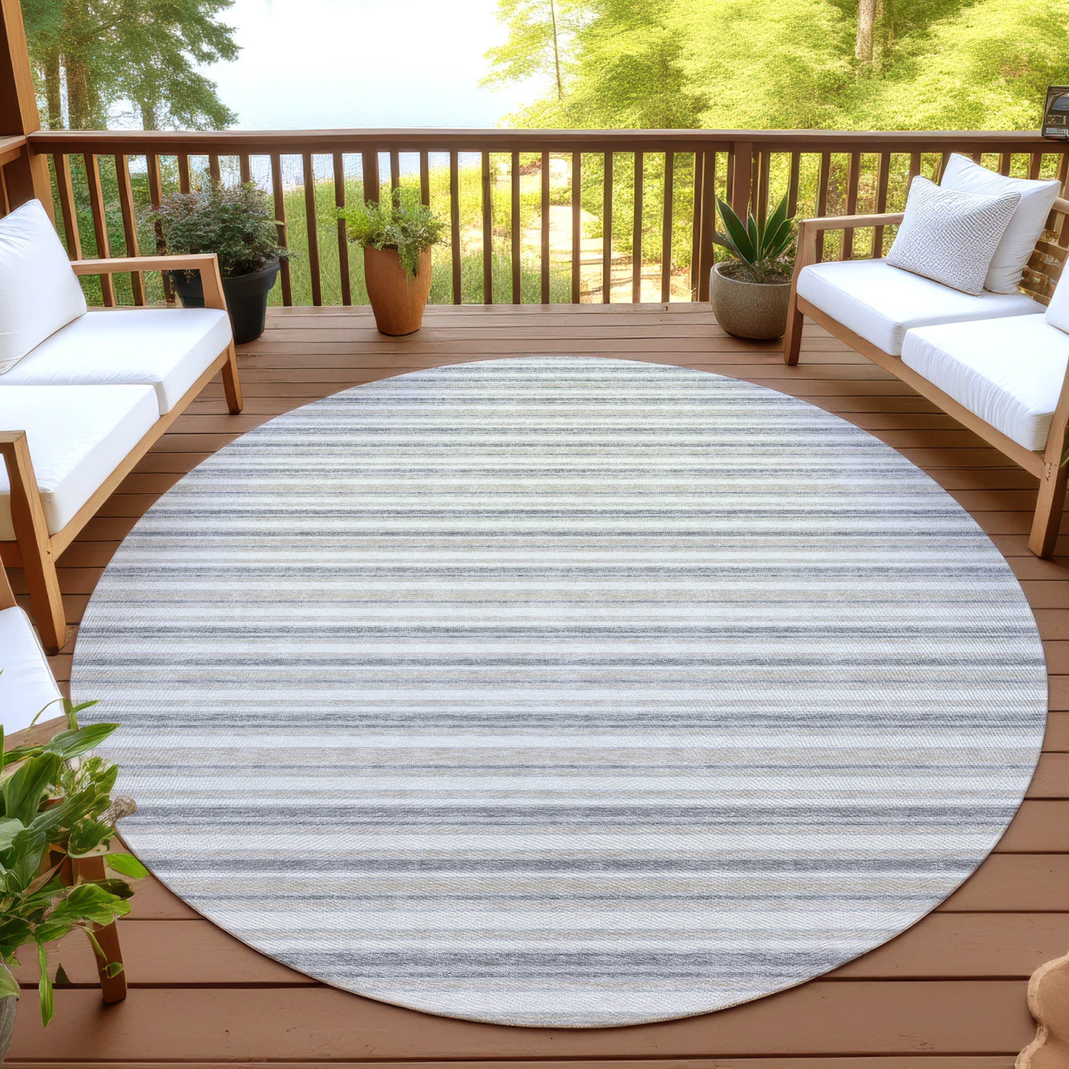 Luxury Washable Indoor/Outdoor Transitional SE2 Silver Gray Rug 8' x 8' #shape_Round