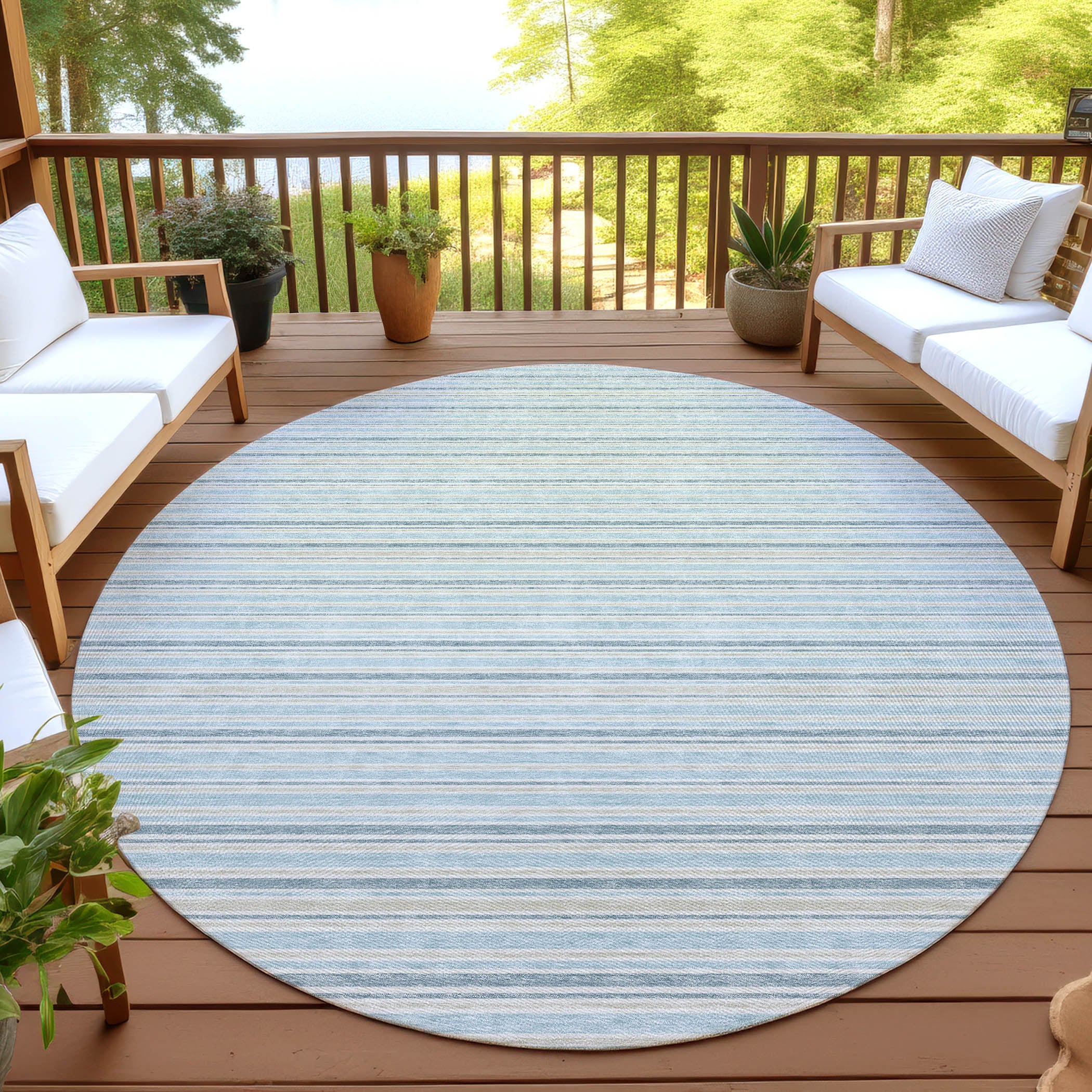 Luxury Washable Indoor/Outdoor Transitional SE2 Sky Blue Rug 8' x 8' #shape_Round