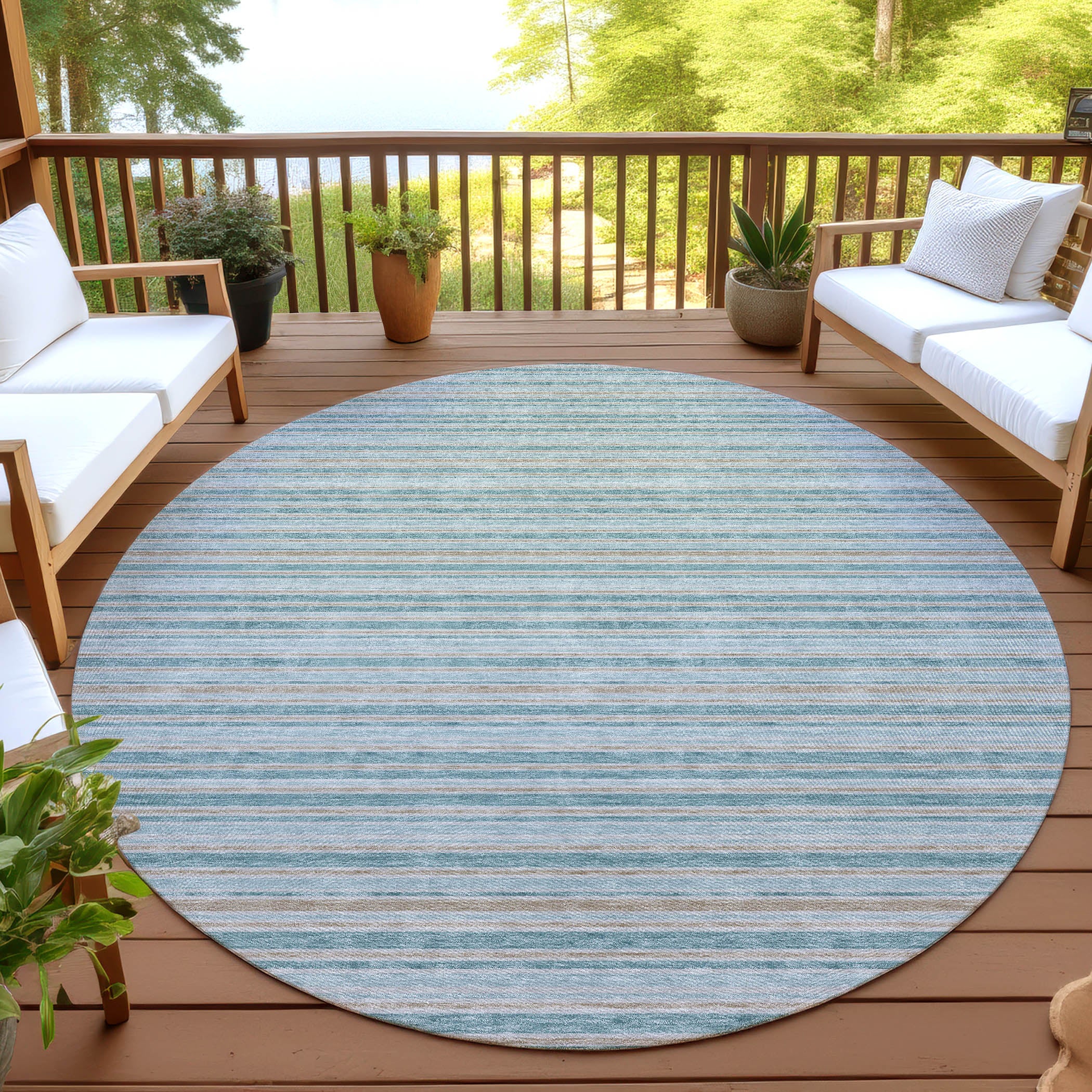 Luxury Washable Indoor/Outdoor Transitional SE2 Teal Rug 8' x 8' #shape_Round