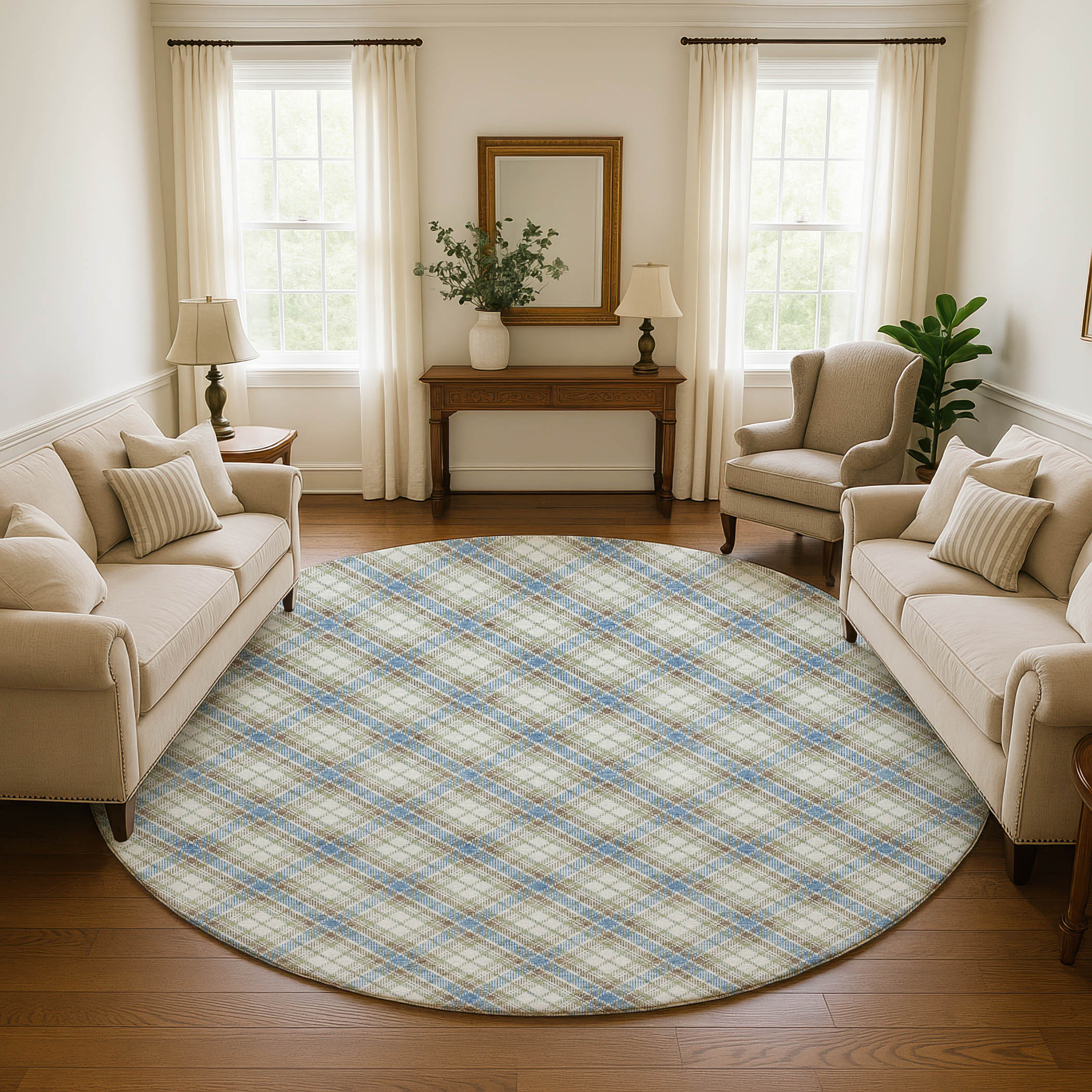 Luxury Washable Indoor/Outdoor Transitional SE3 Blue Rug 8' x 8' #shape_Round
