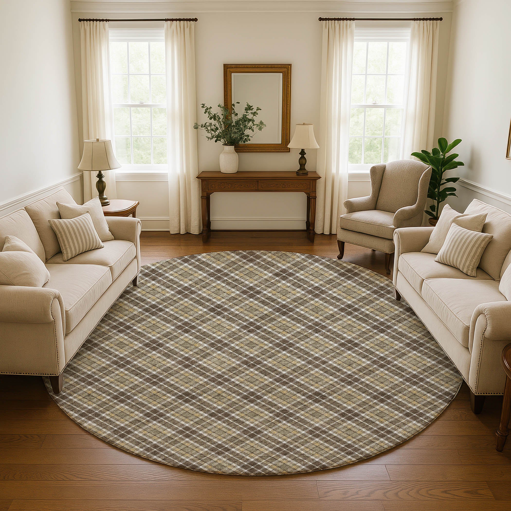 Luxury Washable Indoor/Outdoor Transitional SE3 Chocolate Brown Rug 8' x 8' #shape_Round