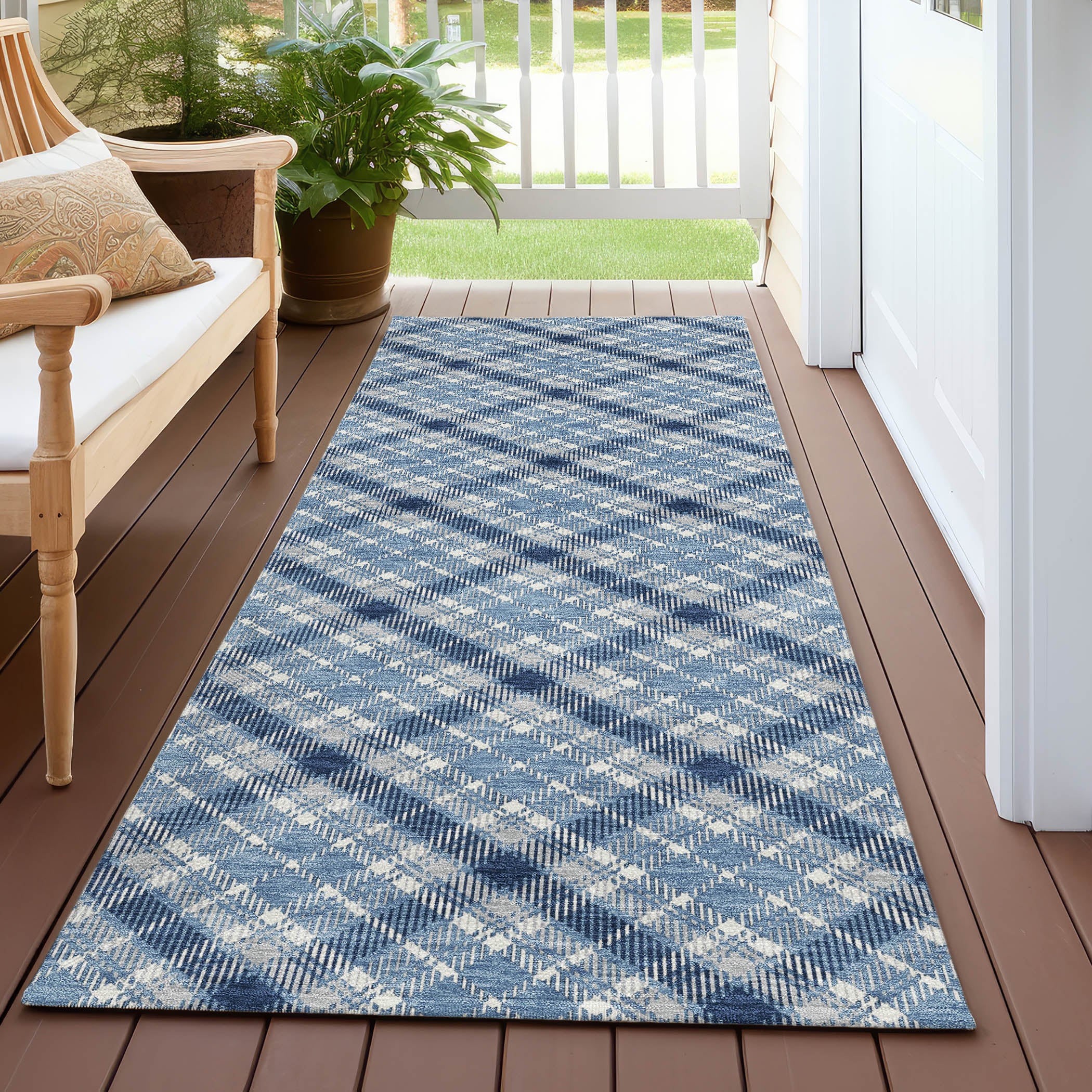 Luxury Washable Indoor/Outdoor Transitional SE3 Denim Blue Rug 2'3" x 7'6" #shape_Runner