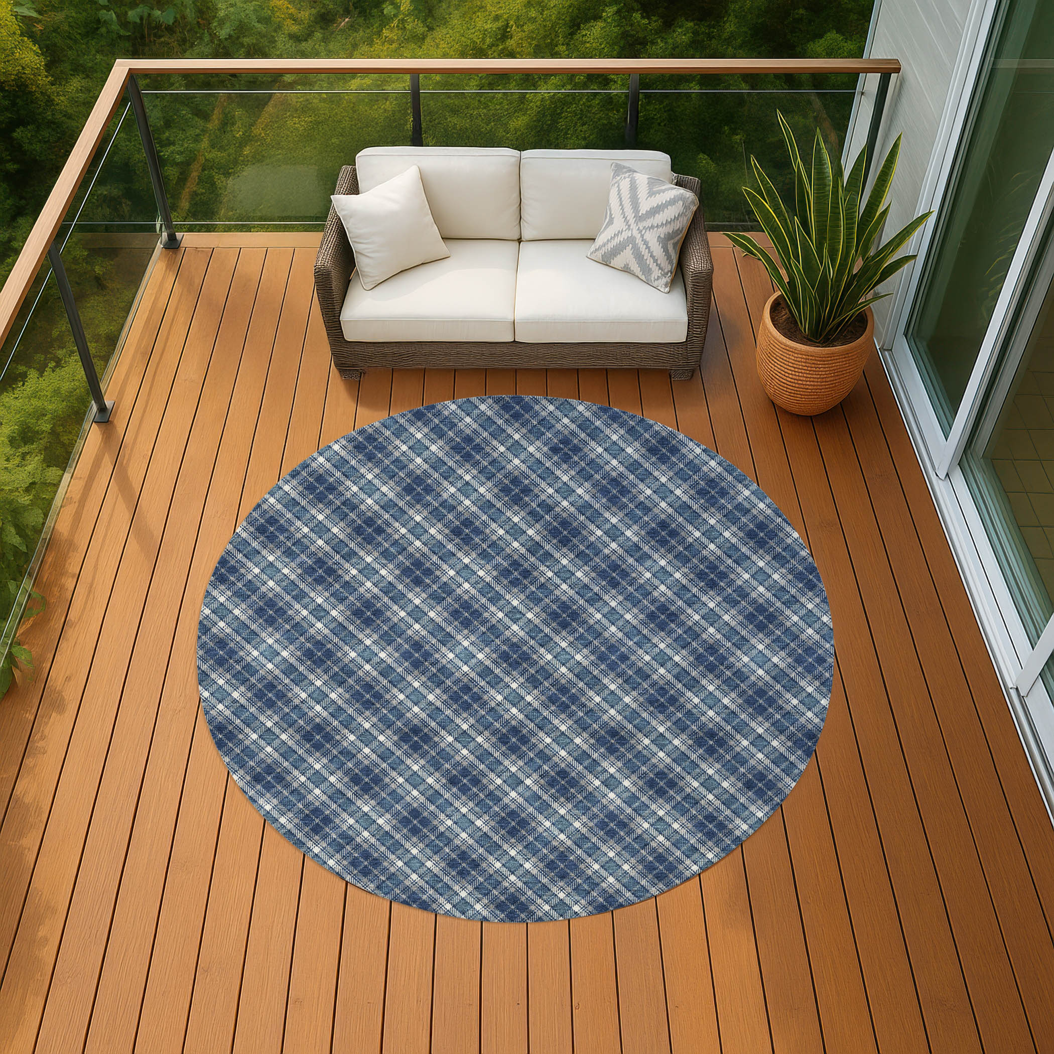 Luxury Washable Indoor/Outdoor Transitional SE3 Navy Blue Rug 8' x 8' #shape_Round