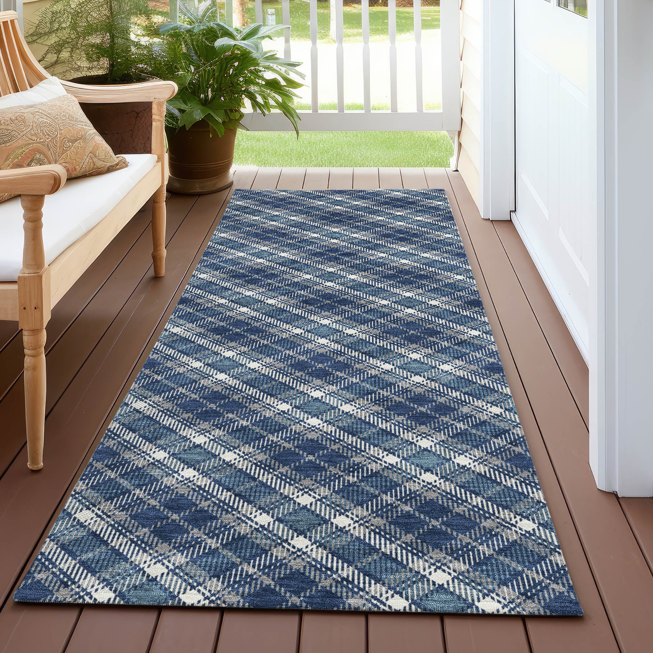 Luxury Washable Indoor/Outdoor Transitional SE3 Navy Blue Rug 2'3" x 7'6" #shape_Runner