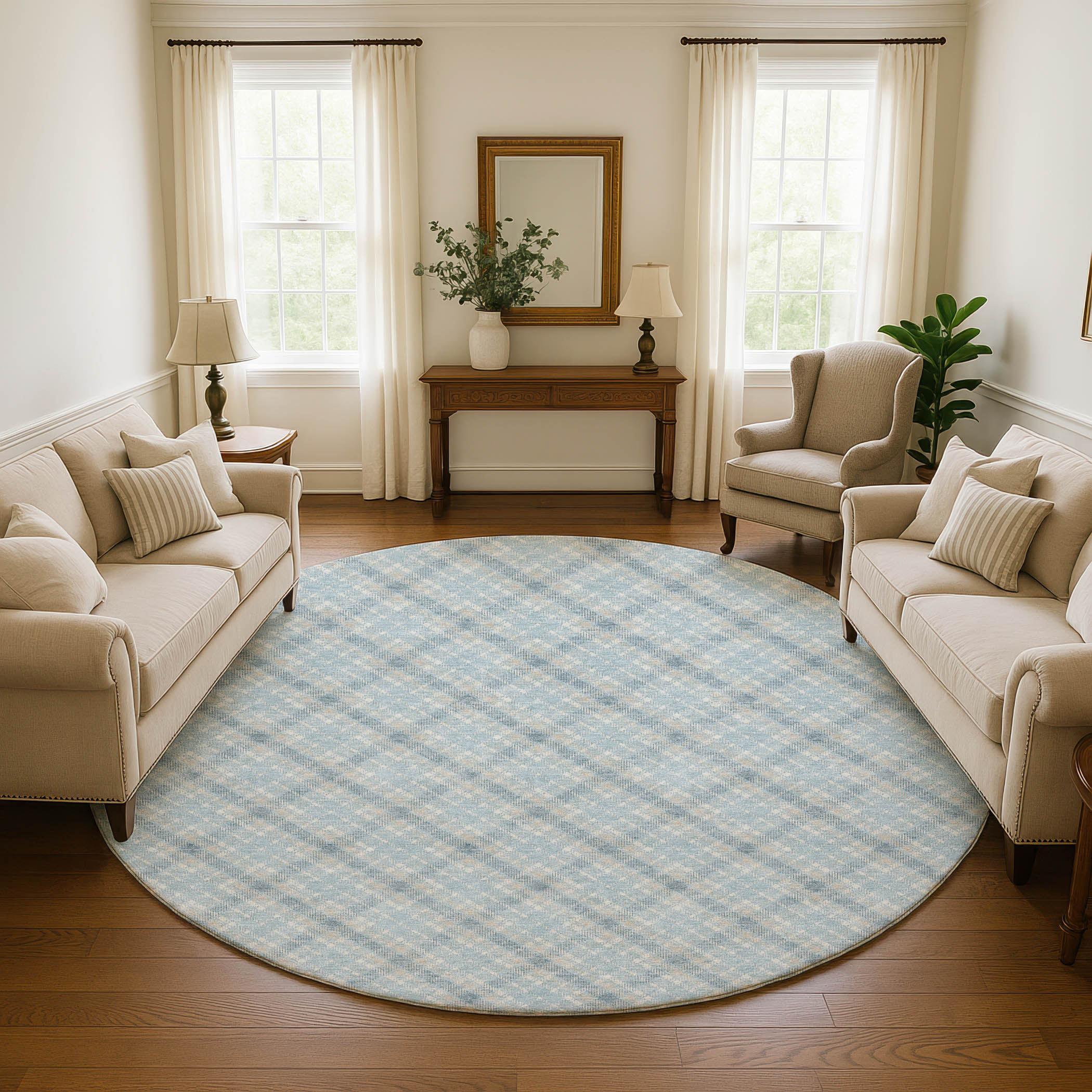 Luxury Washable Indoor/Outdoor Transitional SE3 Sky Blue Rug 8' x 8' #shape_Round
