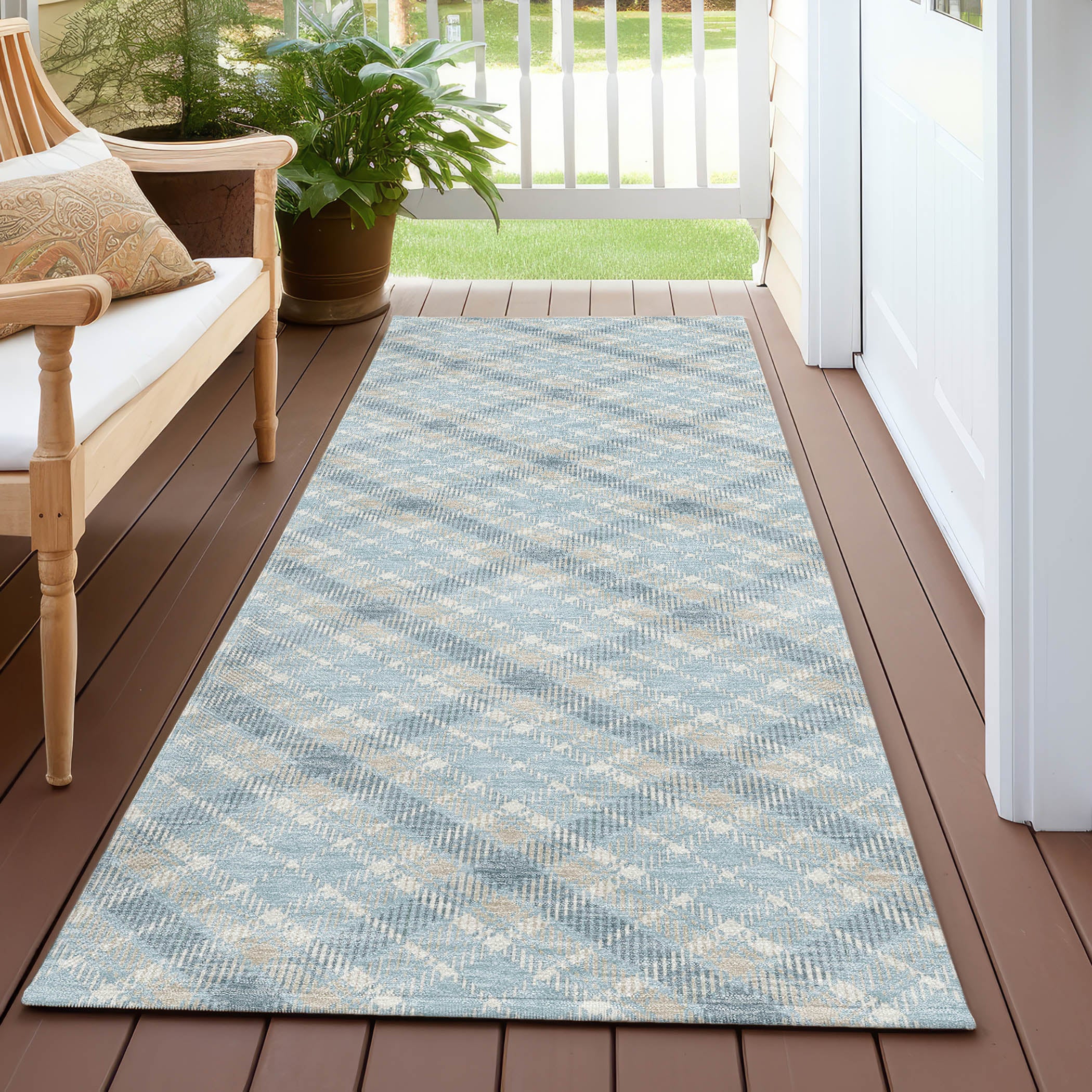 Luxury Washable Indoor/Outdoor Transitional SE3 Sky Blue Rug 2'3" x 7'6" #shape_Runner