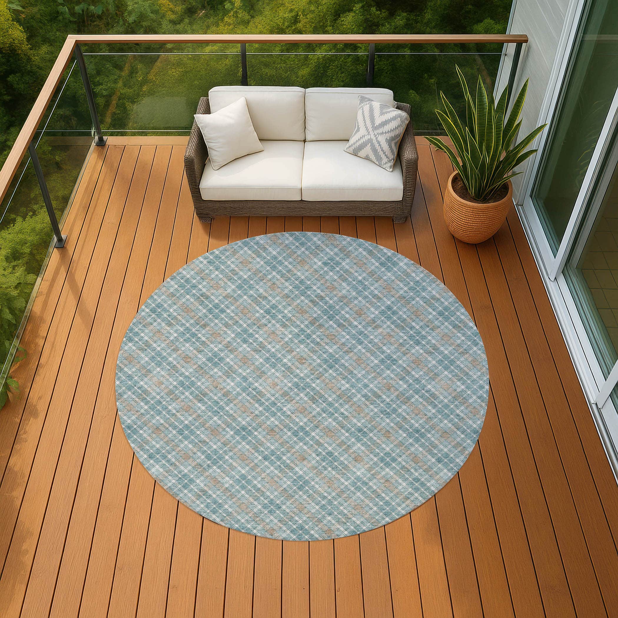 Luxury Washable Indoor/Outdoor Transitional SE3 Teal Rug 8' x 8' #shape_Round