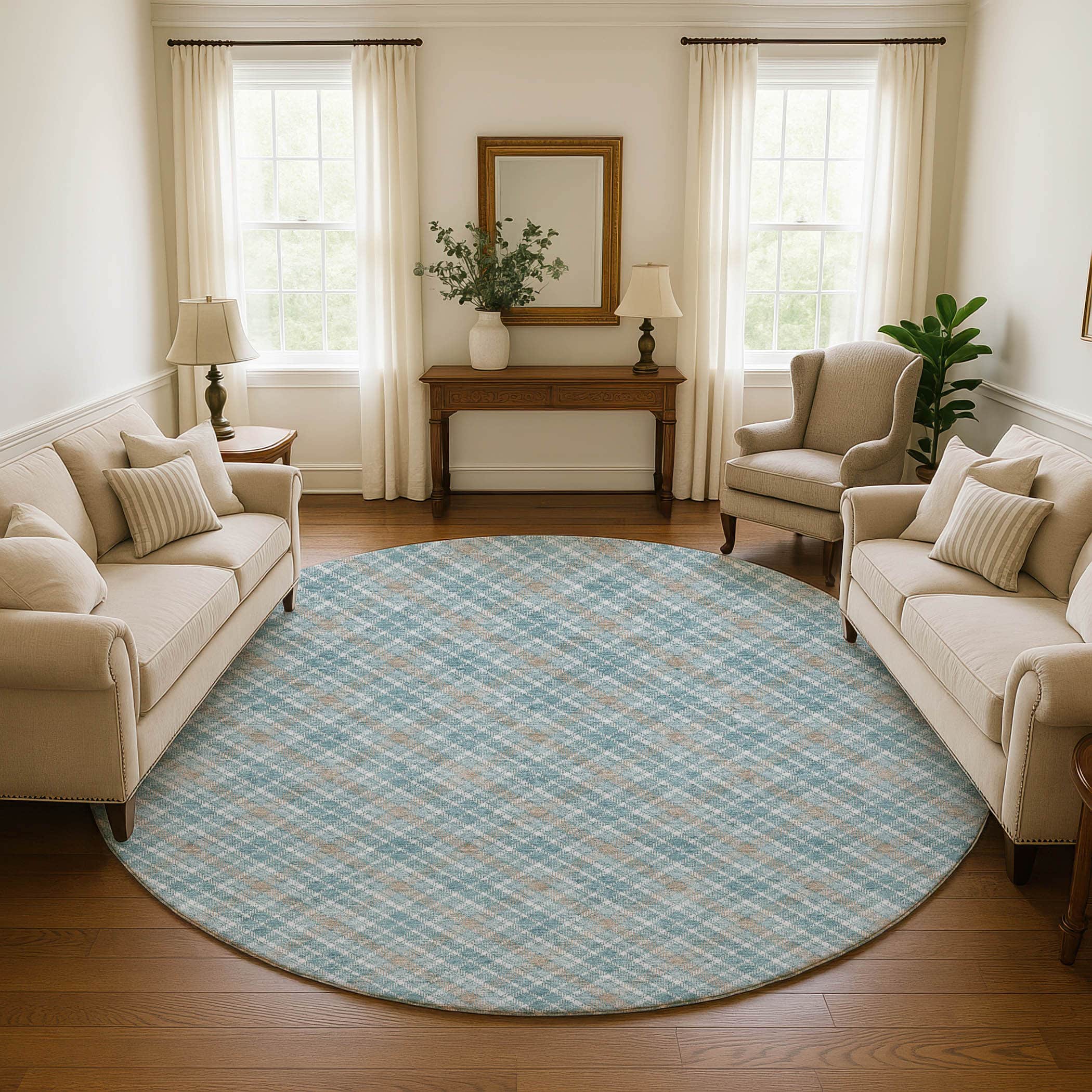 Luxury Washable Indoor/Outdoor Transitional SE3 Teal Rug 8' x 8' #shape_Round
