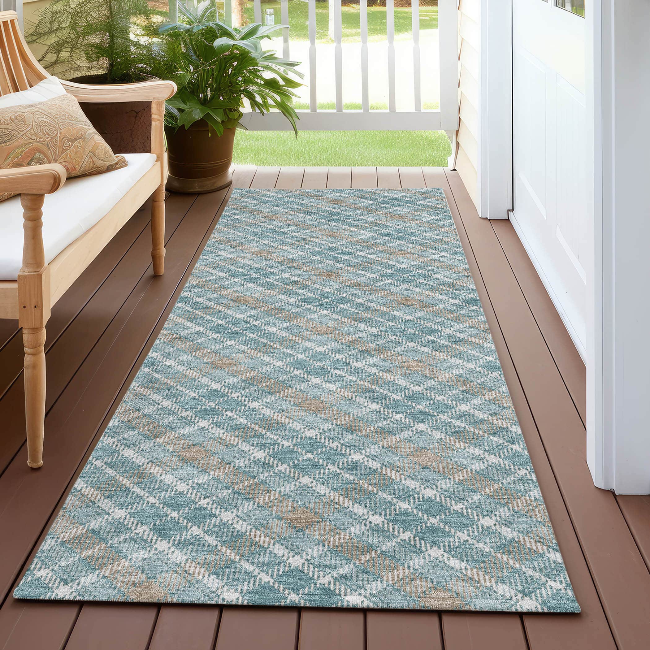 Luxury Washable Indoor/Outdoor Transitional SE3 Teal Rug 2'3" x 7'6" #shape_Runner
