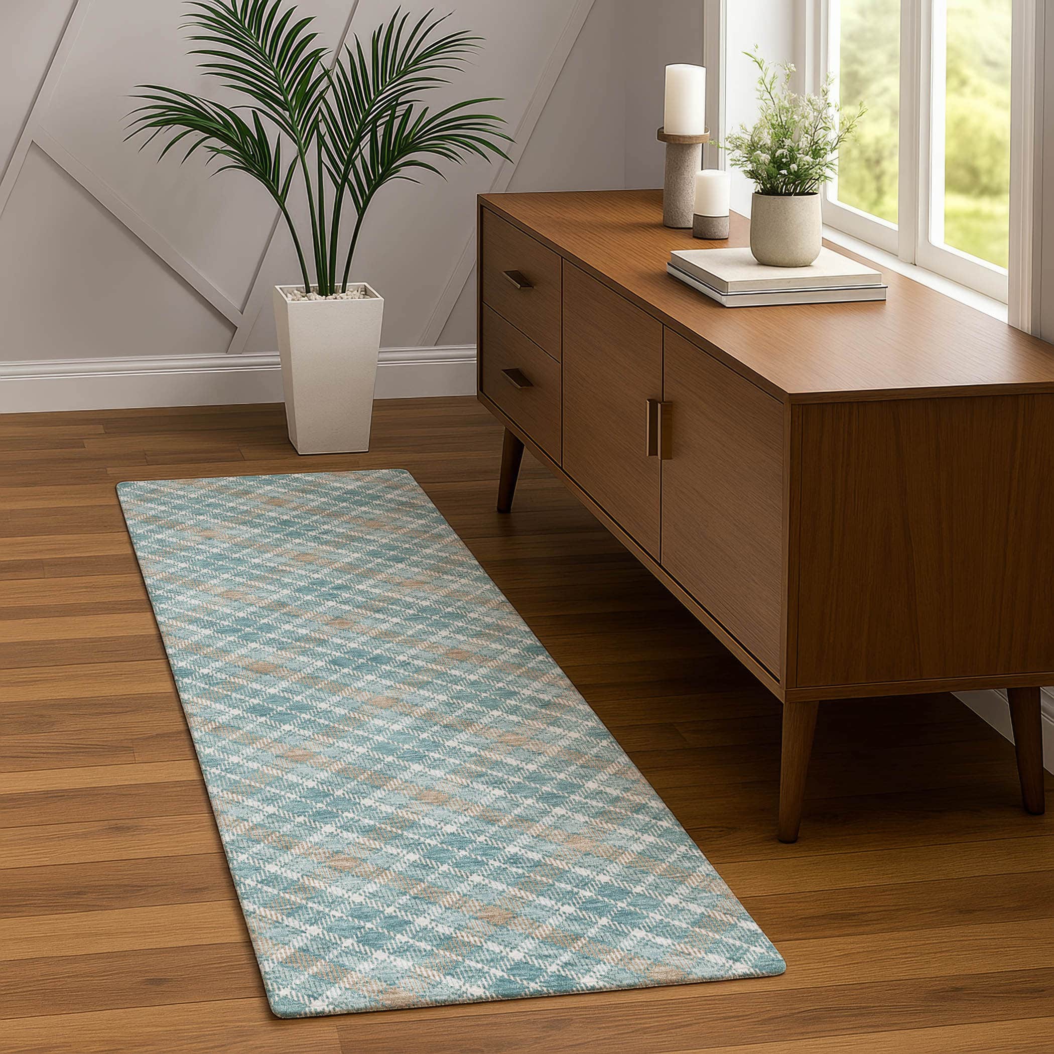 Luxury Washable Indoor/Outdoor Transitional SE3 Teal Rug 2'3" x 7'6" #shape_Runner