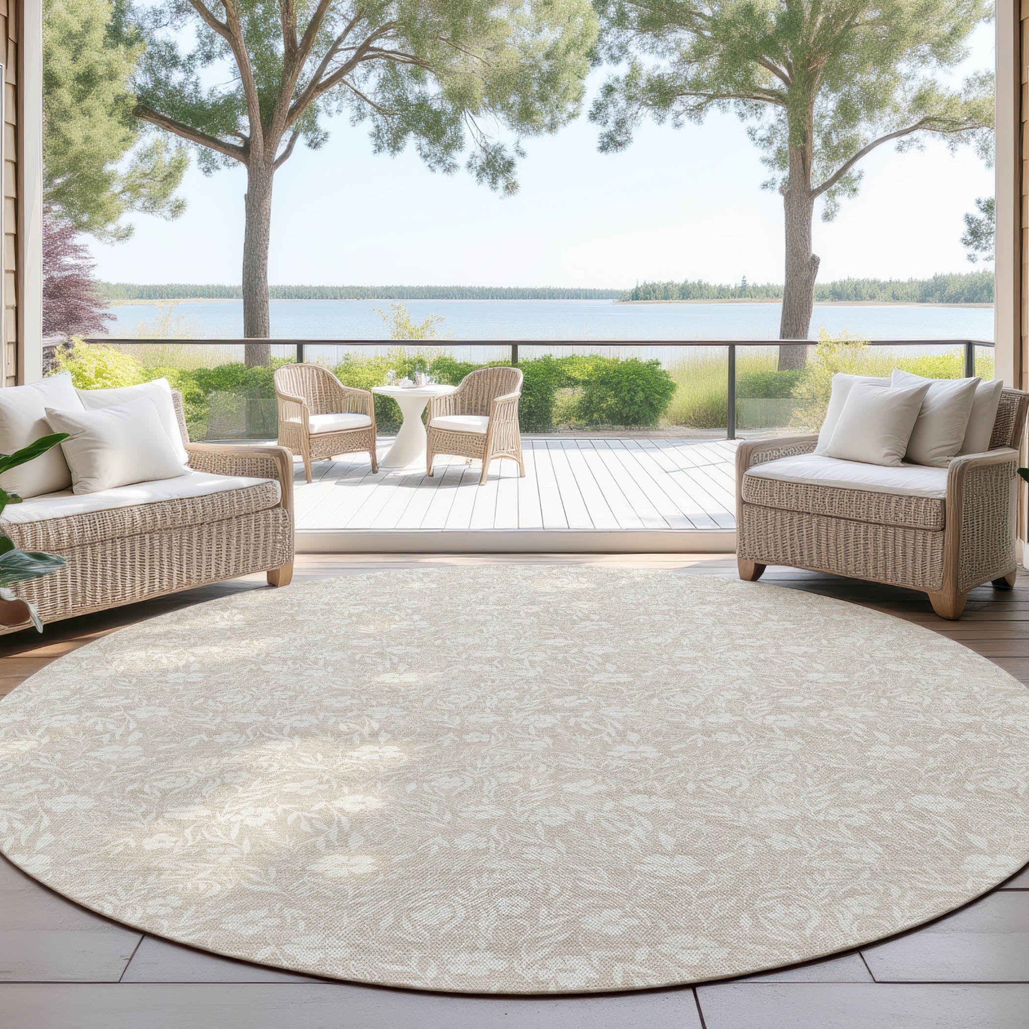 Luxury Washable Indoor/Outdoor Transitional SE4 Beige Brown Rug 8' x 8' #shape_Round