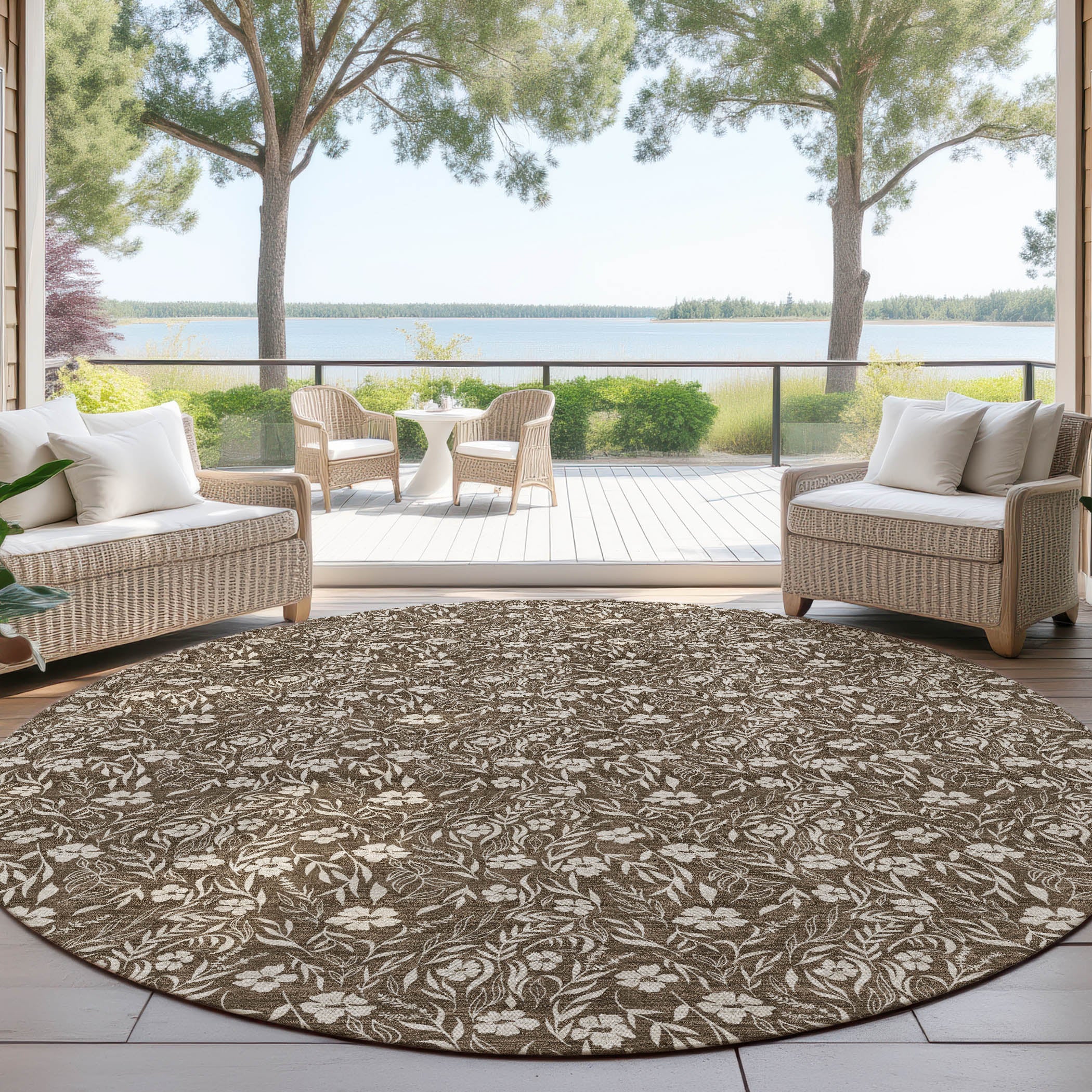 Luxury Washable Indoor/Outdoor Transitional SE4 Chocolate Brown Rug 8' x 8' #shape_Round