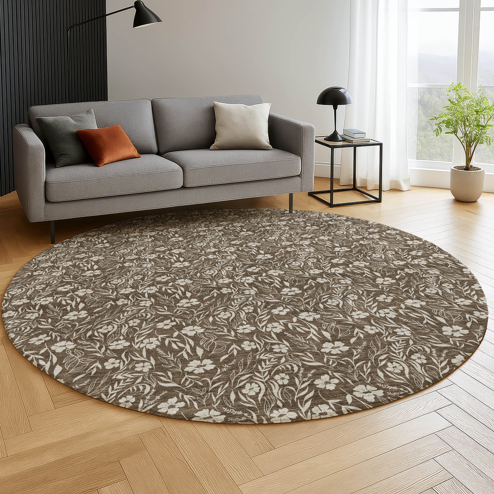 Luxury Washable Indoor/Outdoor Transitional SE4 Chocolate Brown Rug 8' x 8' #shape_Round
