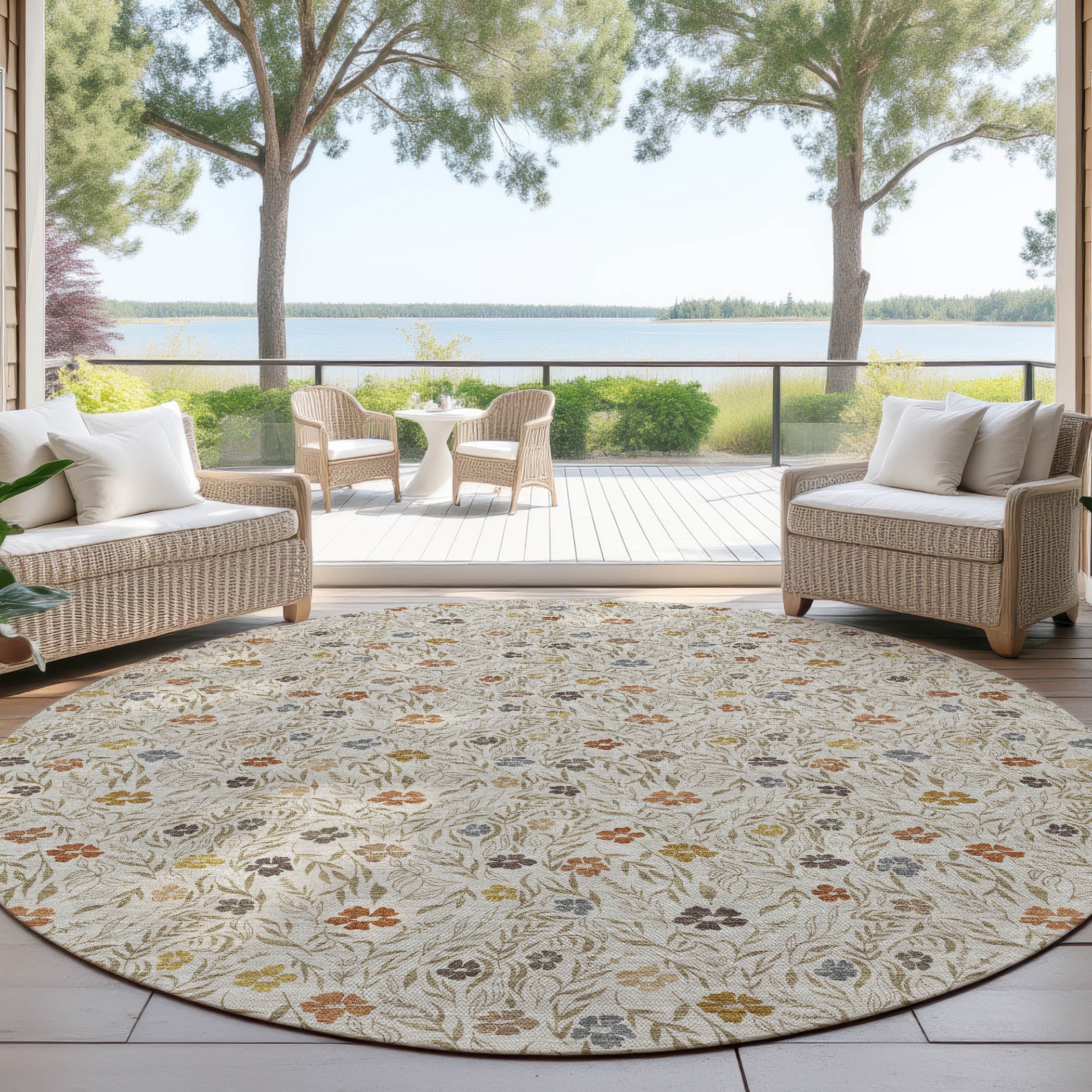 Luxury Washable Indoor/Outdoor Transitional SE4 Pearl Ivory Rug 8' x 8' #shape_Round