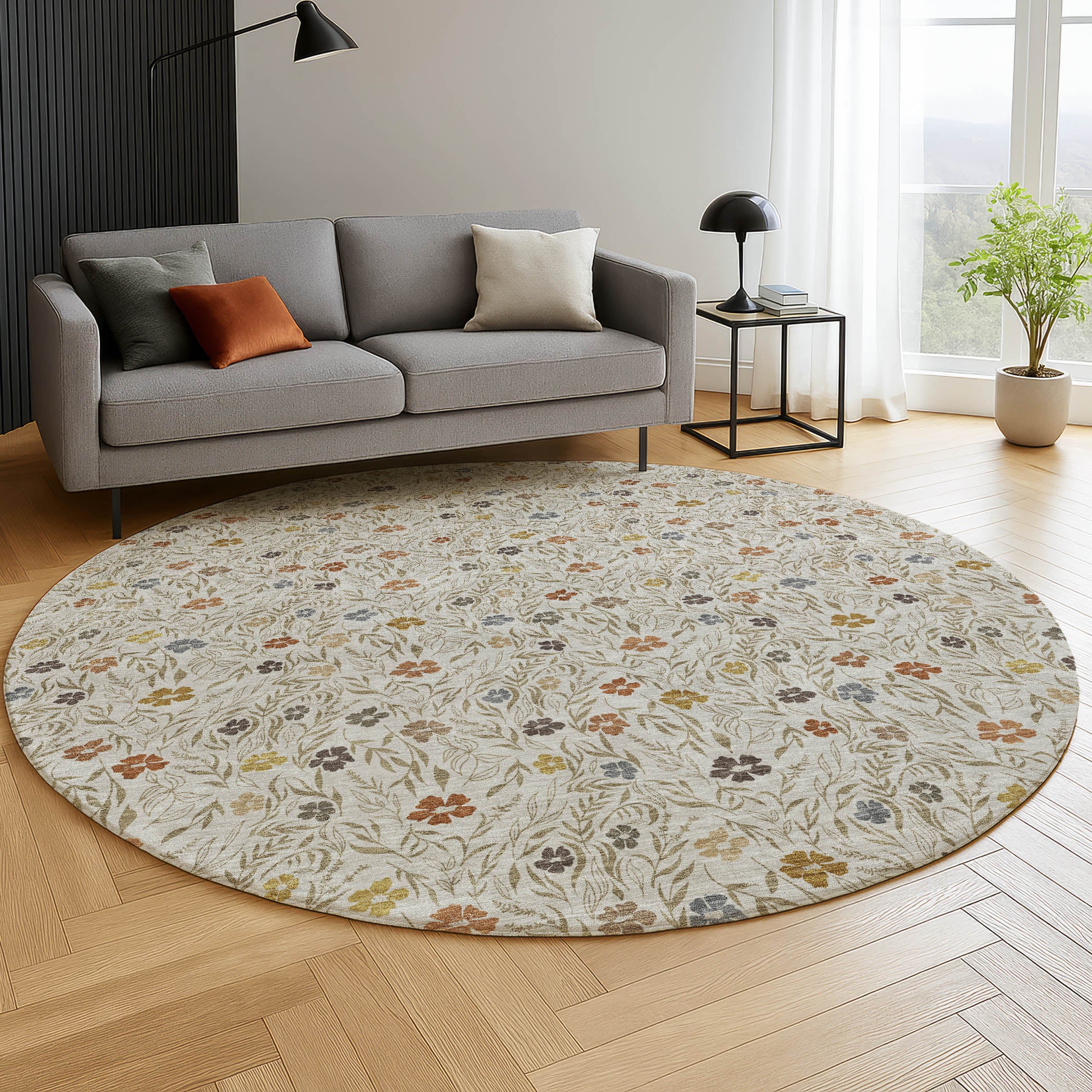 Luxury Washable Indoor/Outdoor Transitional SE4 Pearl Ivory Rug 8' x 8' #shape_Round