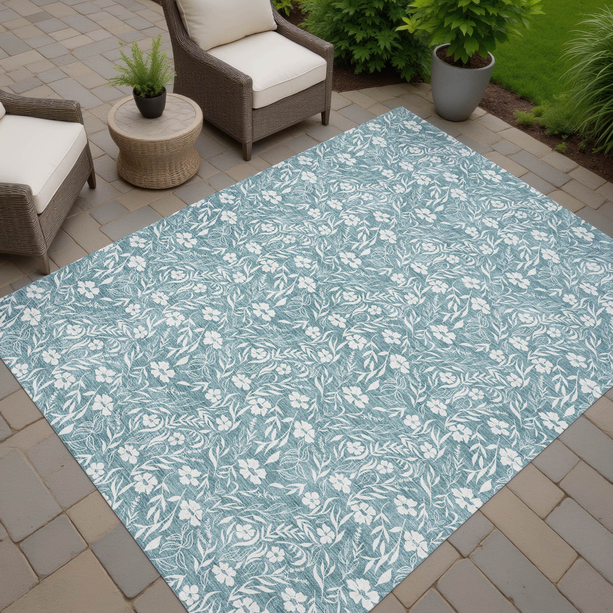 Luxury Washable Indoor/Outdoor Transitional SE4 Teal Rug 1'8" x 2'6" #shape_Rectangle