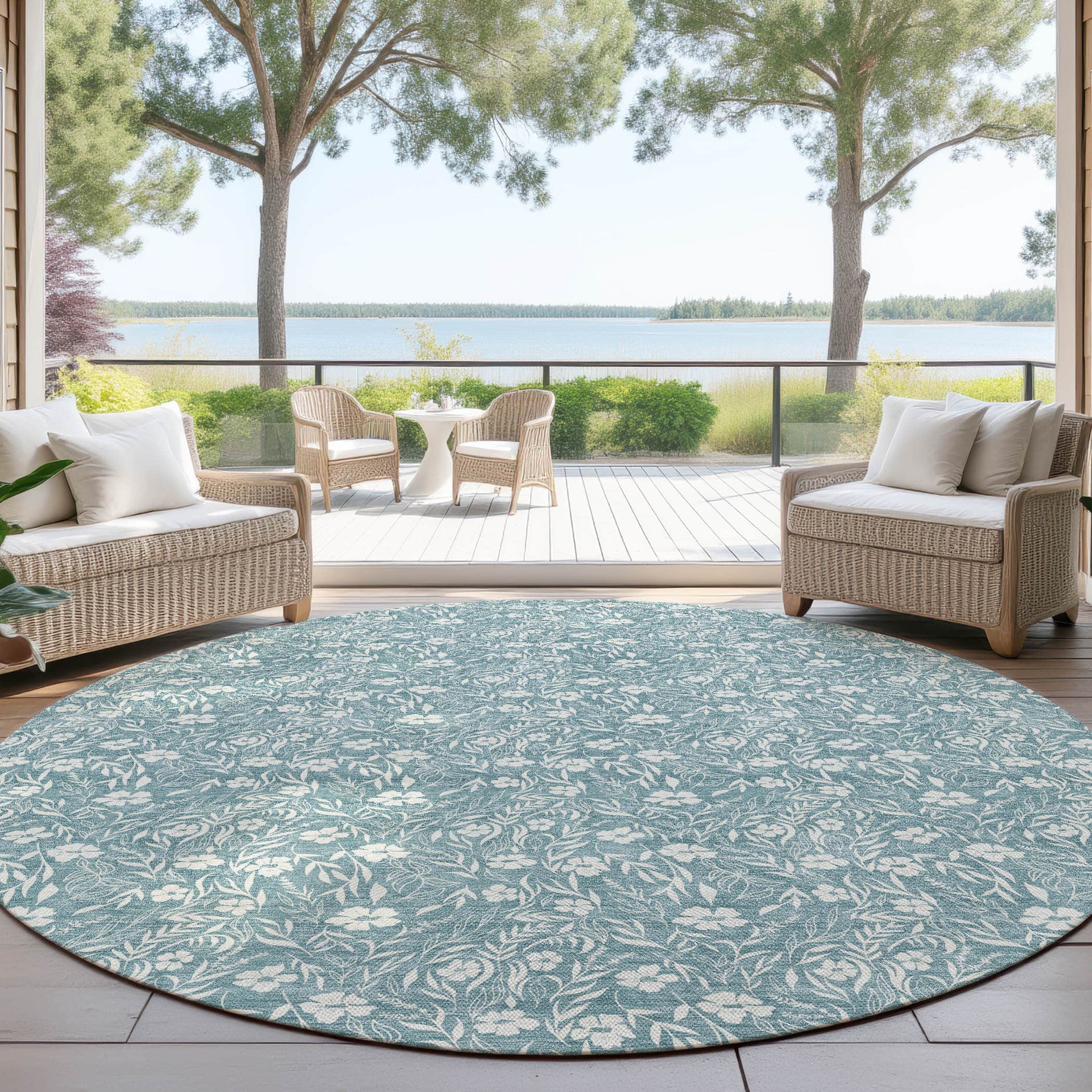 Luxury Washable Indoor/Outdoor Transitional SE4 Teal Rug 8' x 8' #shape_Round