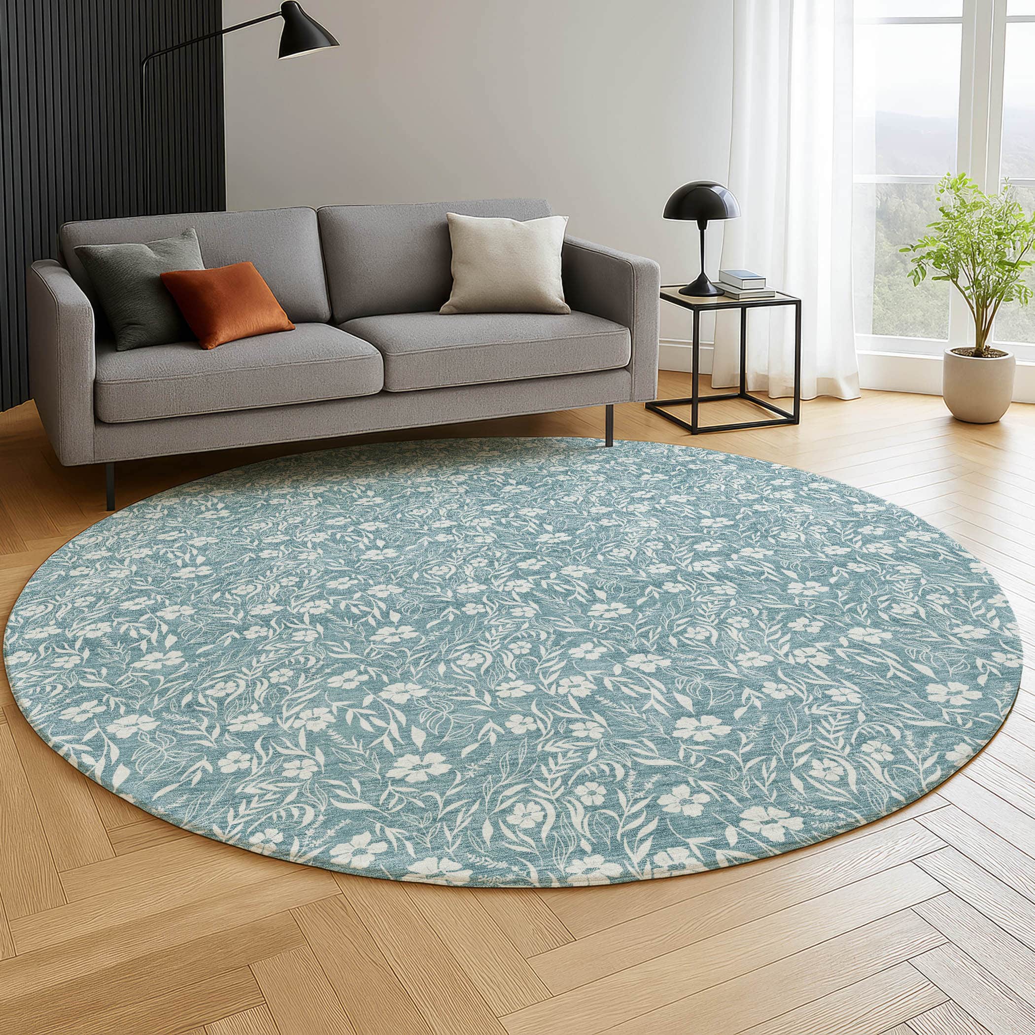 Luxury Washable Indoor/Outdoor Transitional SE4 Teal Rug 8' x 8' #shape_Round