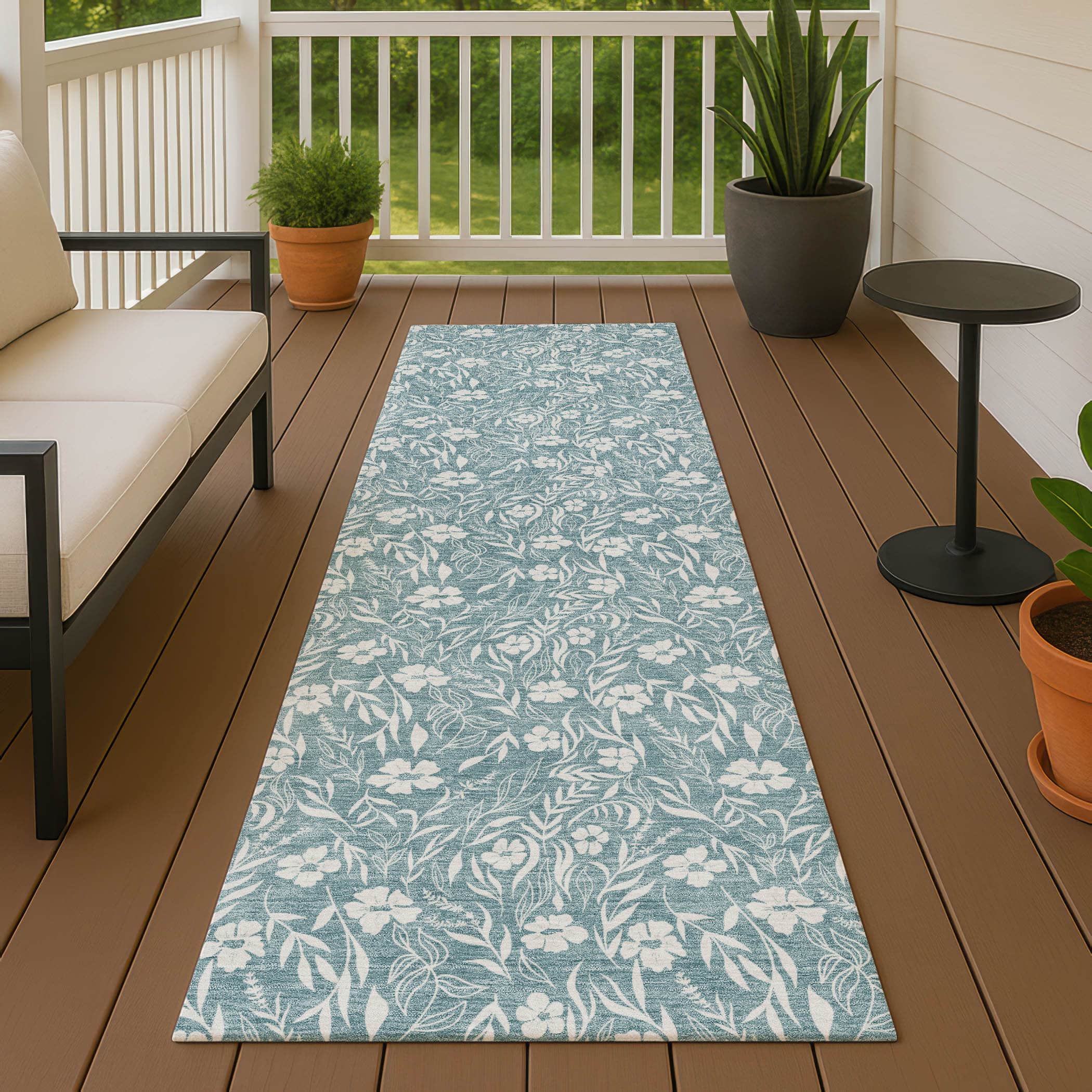 Luxury Washable Indoor/Outdoor Transitional SE4 Teal Rug 2'3" x 7'6" #shape_Runner